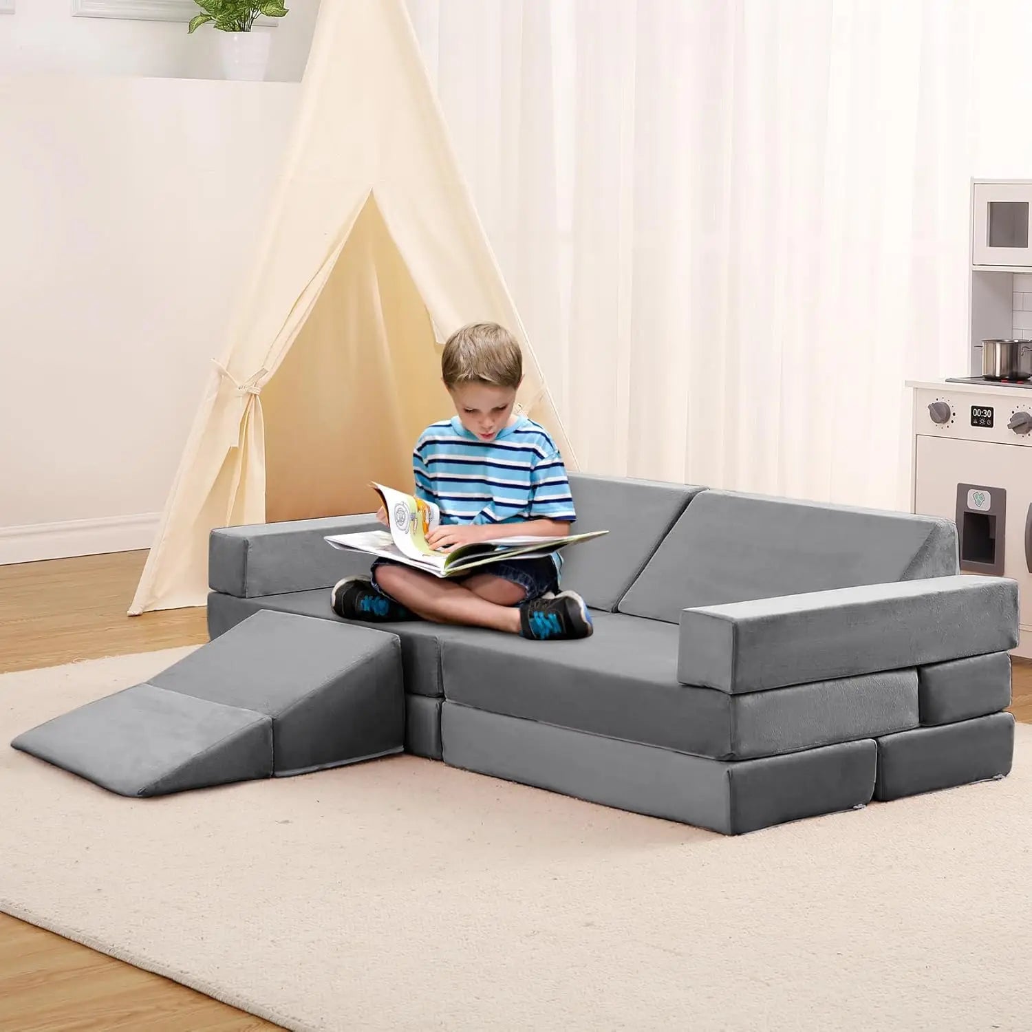 Kinderbank 12-Delige Modulaire Speelbank met Ballenbak & Klimhelling – Speelset voor Speelkamer en Kinderkamer