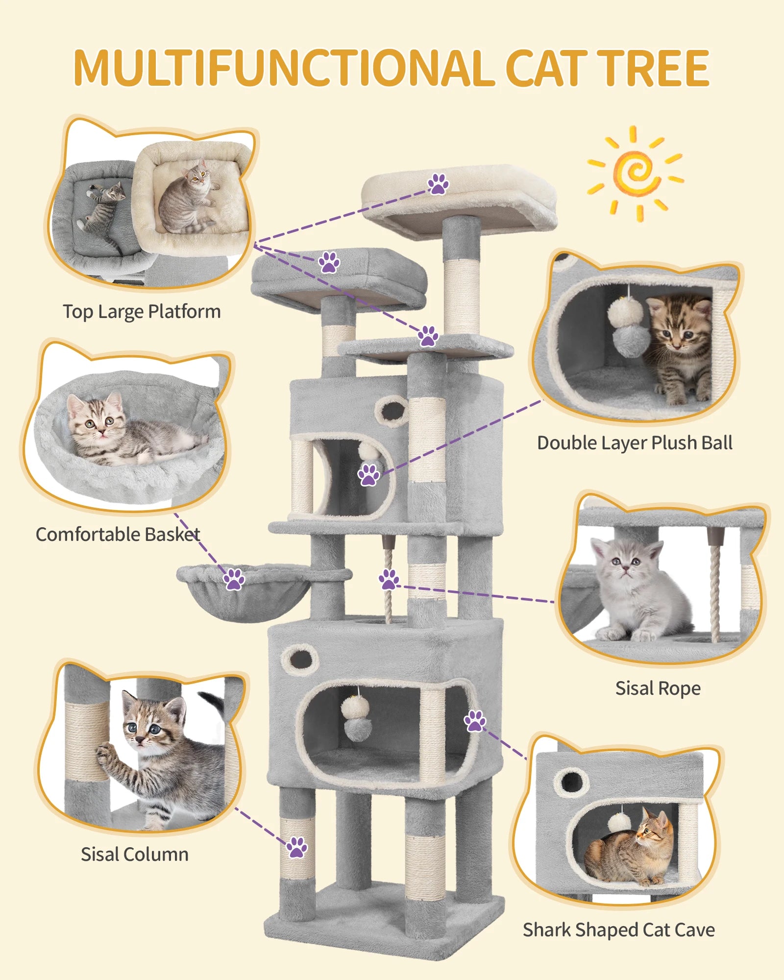 Kattenkrabpaal 159 cm met Meerdere Niveaus – Grote Kattenboom met 2 Huisjes, Platforms, Mand & Sisal Krabpalen voor Binnenkatten
