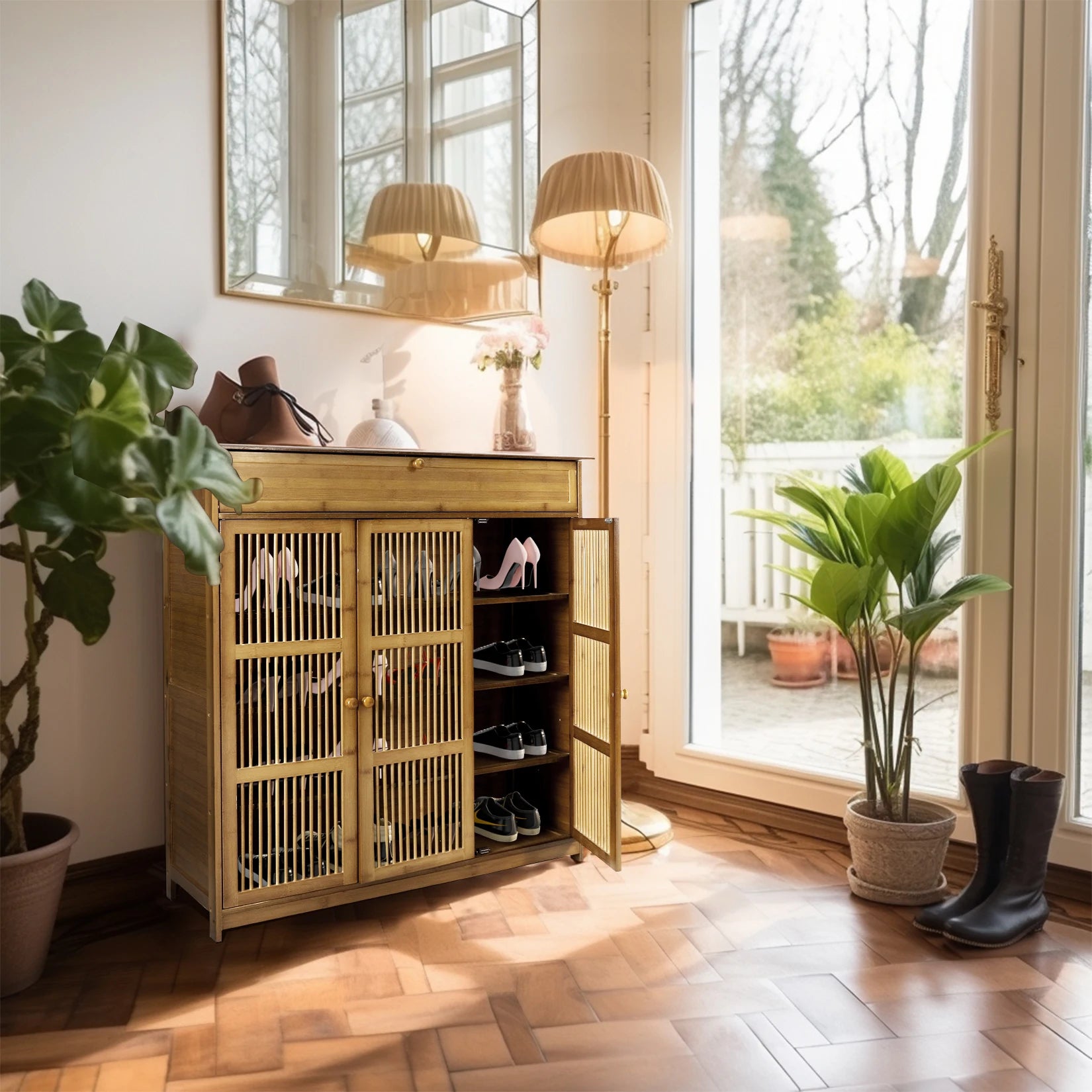 Bamboe Schoenenkast 4 Lagen met Open Deuren – Houten Schoenenrek met Ventilatie en Opbergruimte