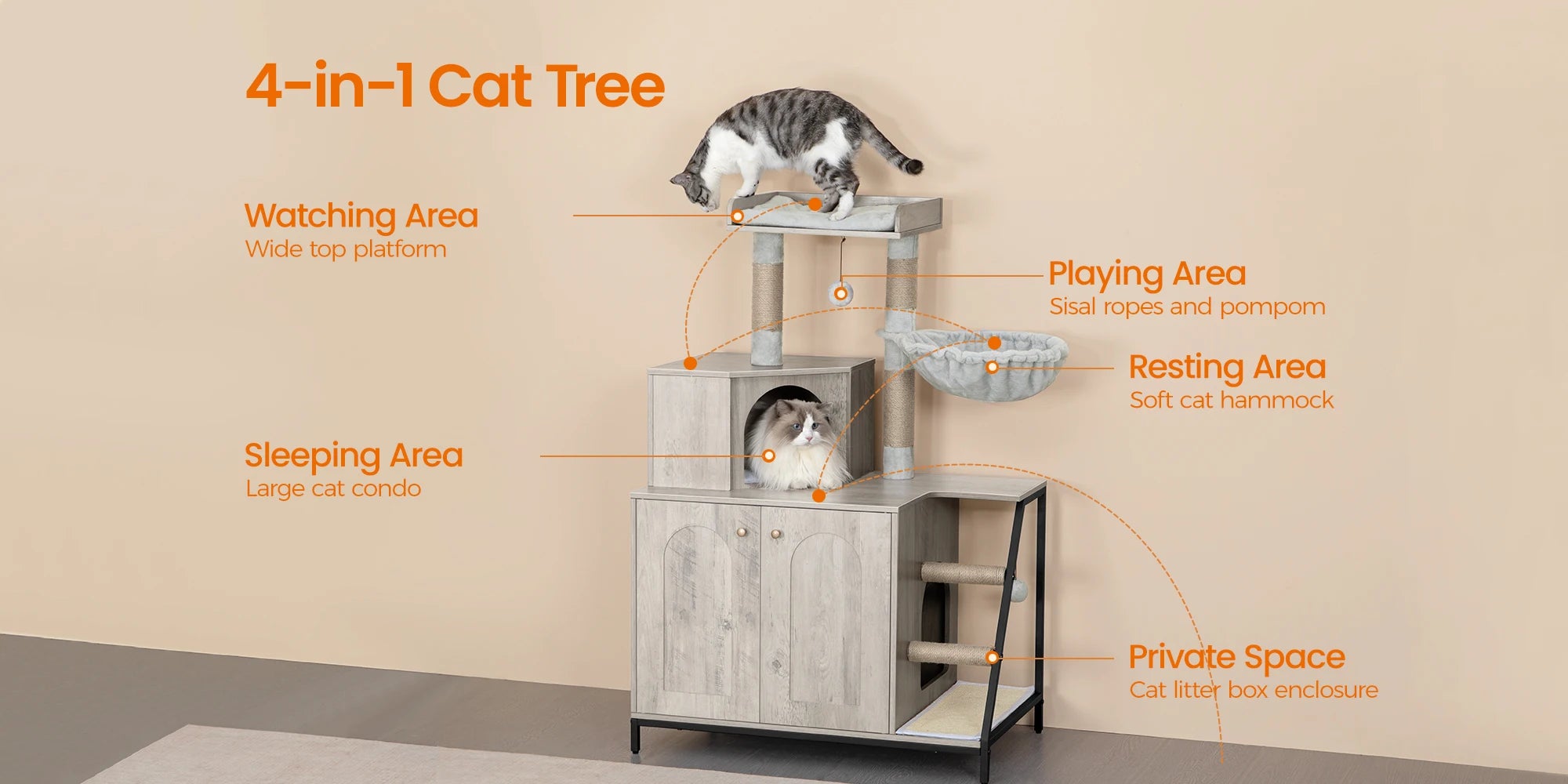 Kattenmeubel met Kattenbak Kast – 4-in-1 Kattenboom met Krabpaal, Platform en Kattenhuis – Modern Design met Sisal Krabmat