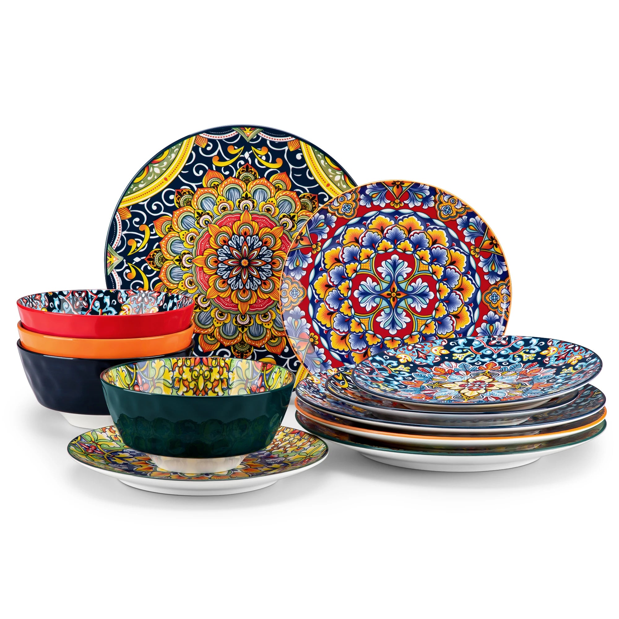 Boheemse 12-delige Keramische Servies Set – Porselein Dinerborden, Dessertborden & Kommen – Boho Servies met Bloemen Design