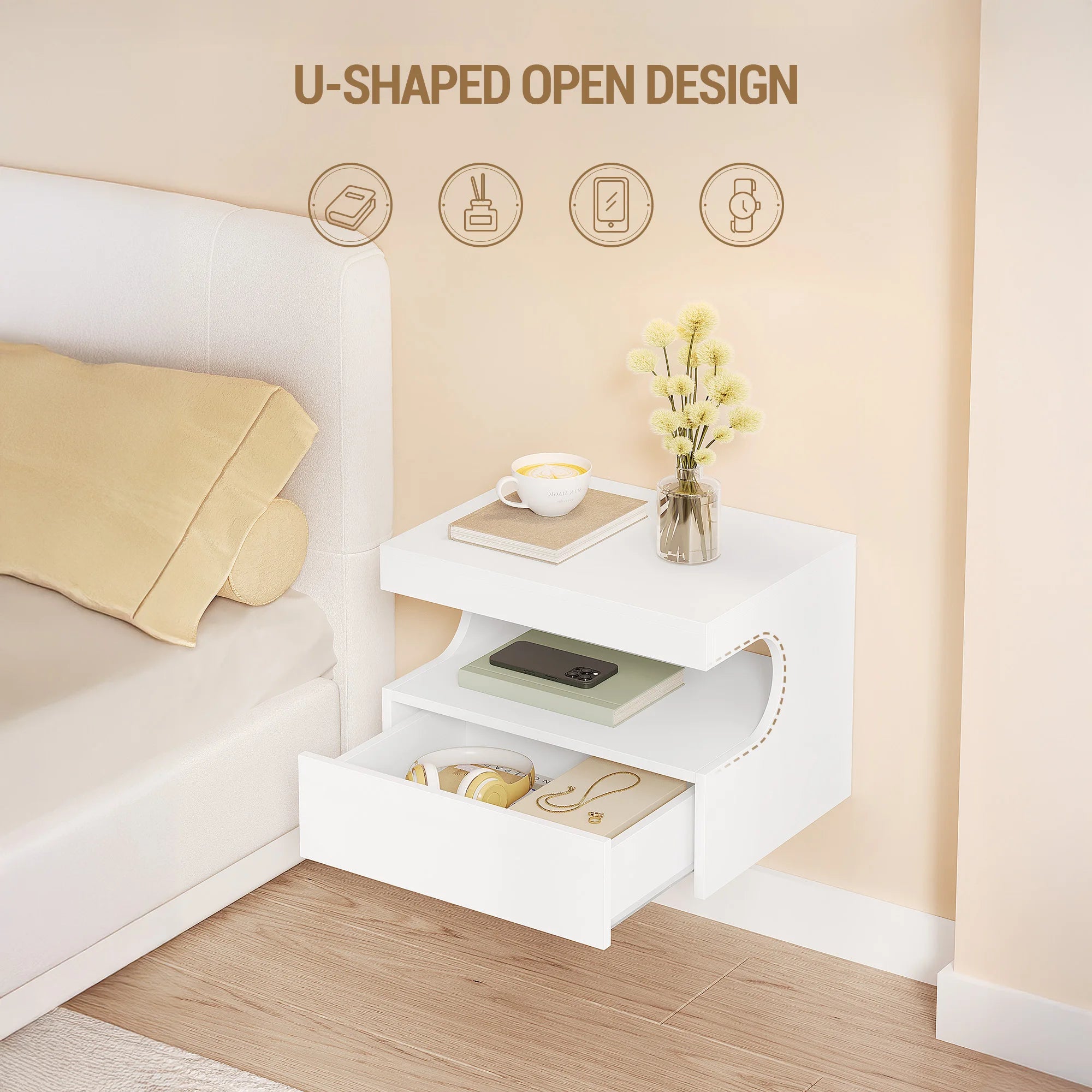 Zwevend Nachtkastje met Lade – Wandplank Bedside Table met Opbergruimte – Modern Minimalistisch Wit Design