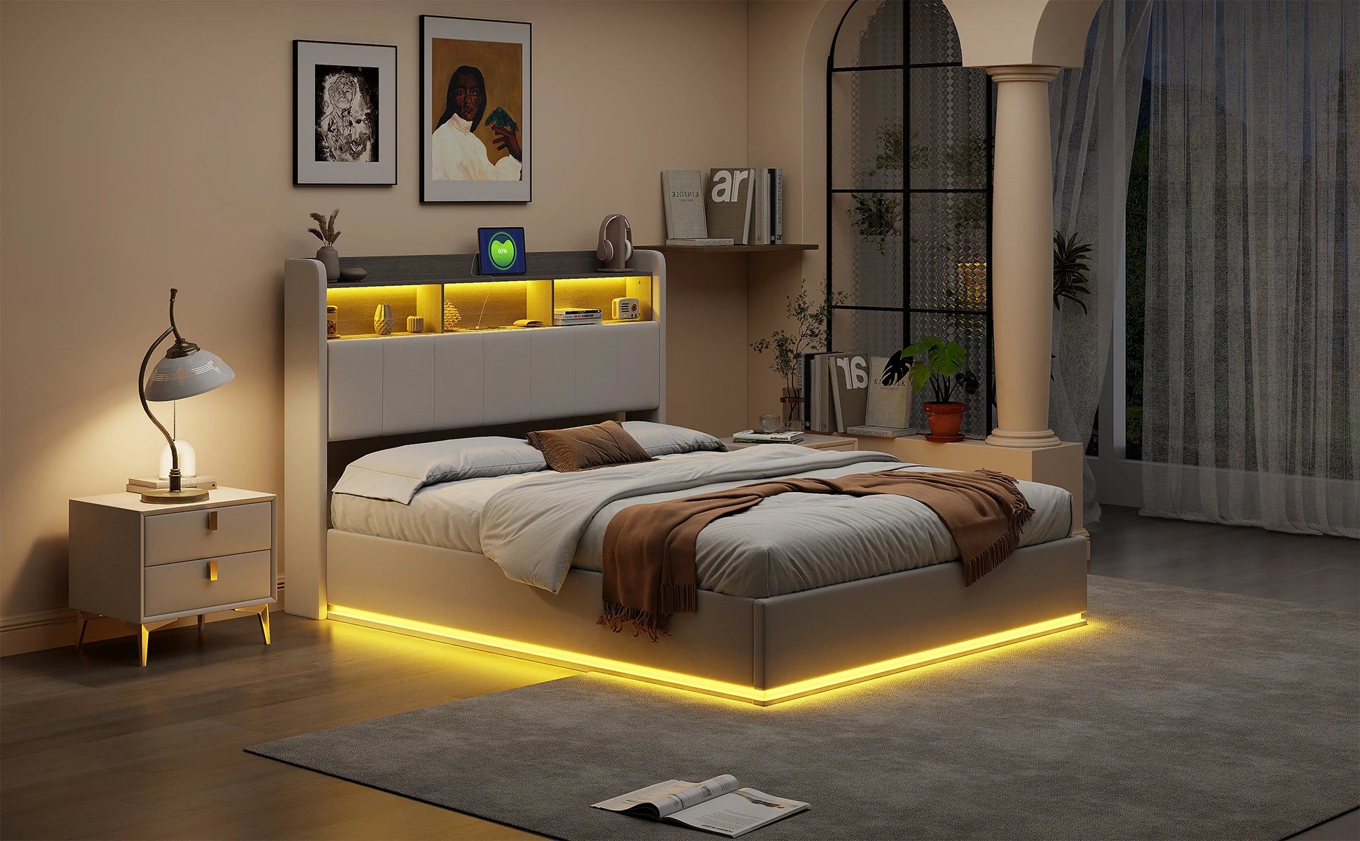 Gestoffeerd bed 140x200 cm met LED verlichting en opbergruimte