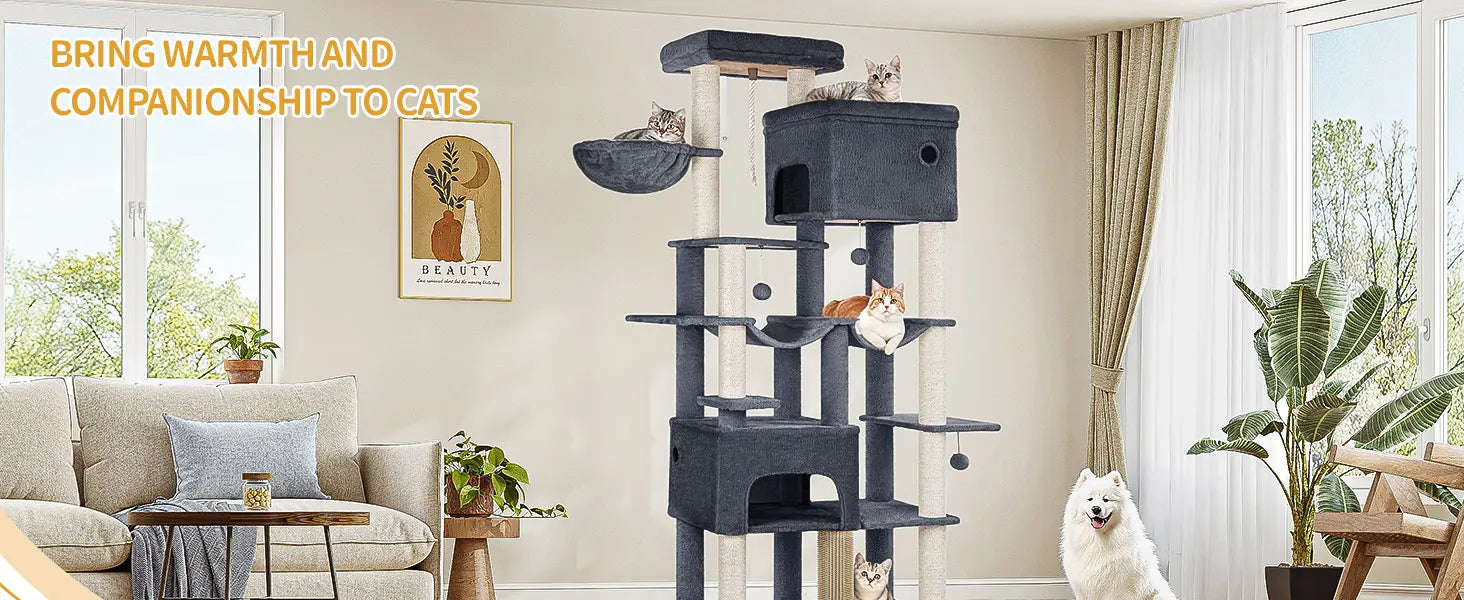 Grote Krabpaal voor Katten XXL – 200 cm Kattenboom met 10 Sisalpalen, 2 Huisjes, Hangmatten & Platform – Voor Grote Katten