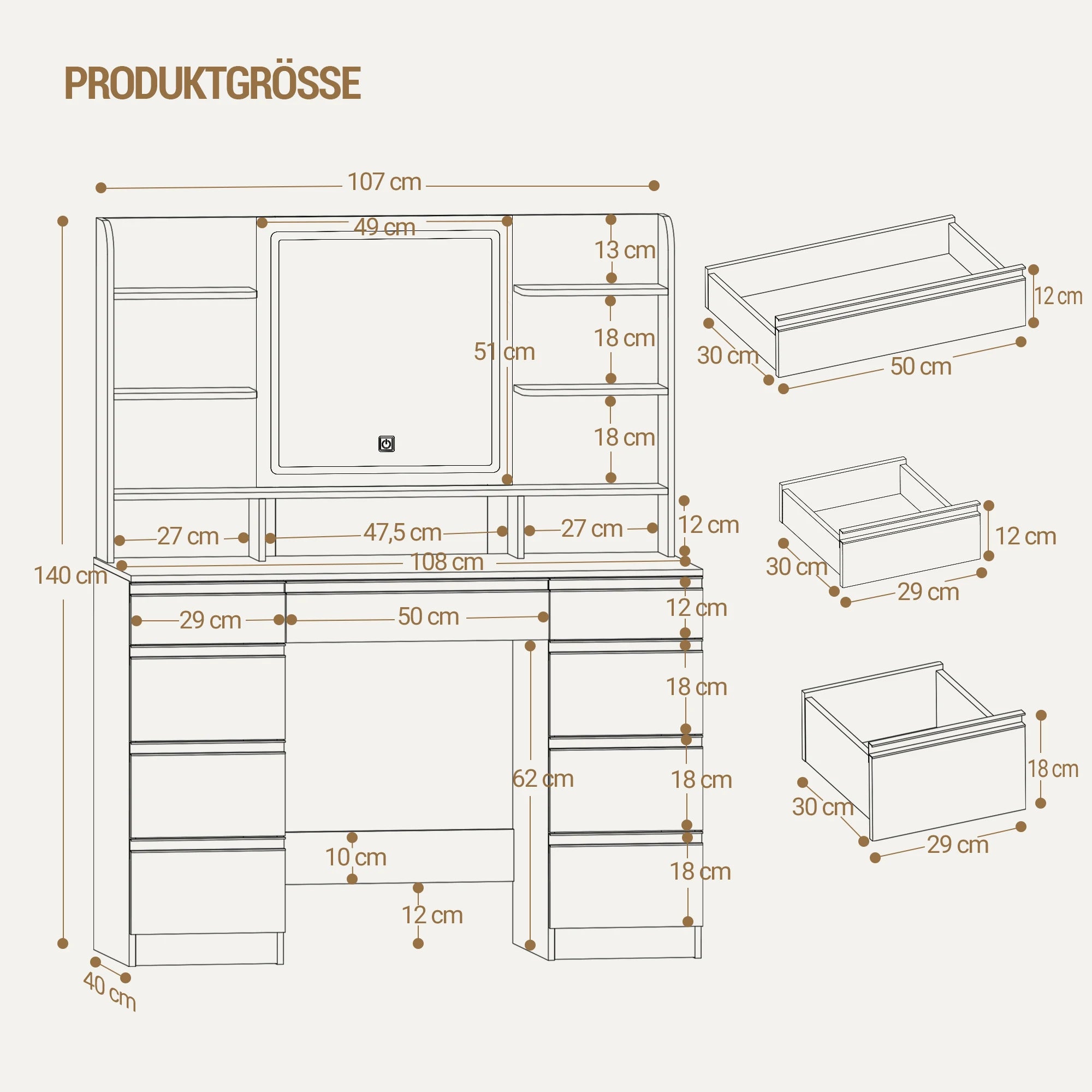 Kaptafel met LED Verlichting en Spiegel – 9 Laden & 9 Opbergvakken – Moderne Make-up Tafel met Verstelbare Verlichting – Wit Goud