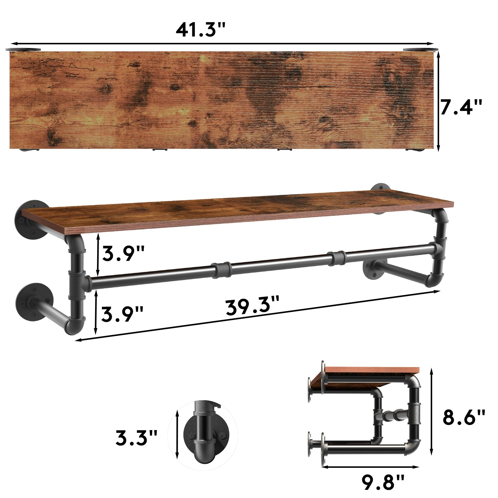 Industrieel Kledingrek Wand met Houten Plank – Metalen Pipe Wandrek met Opbergplank en Haken