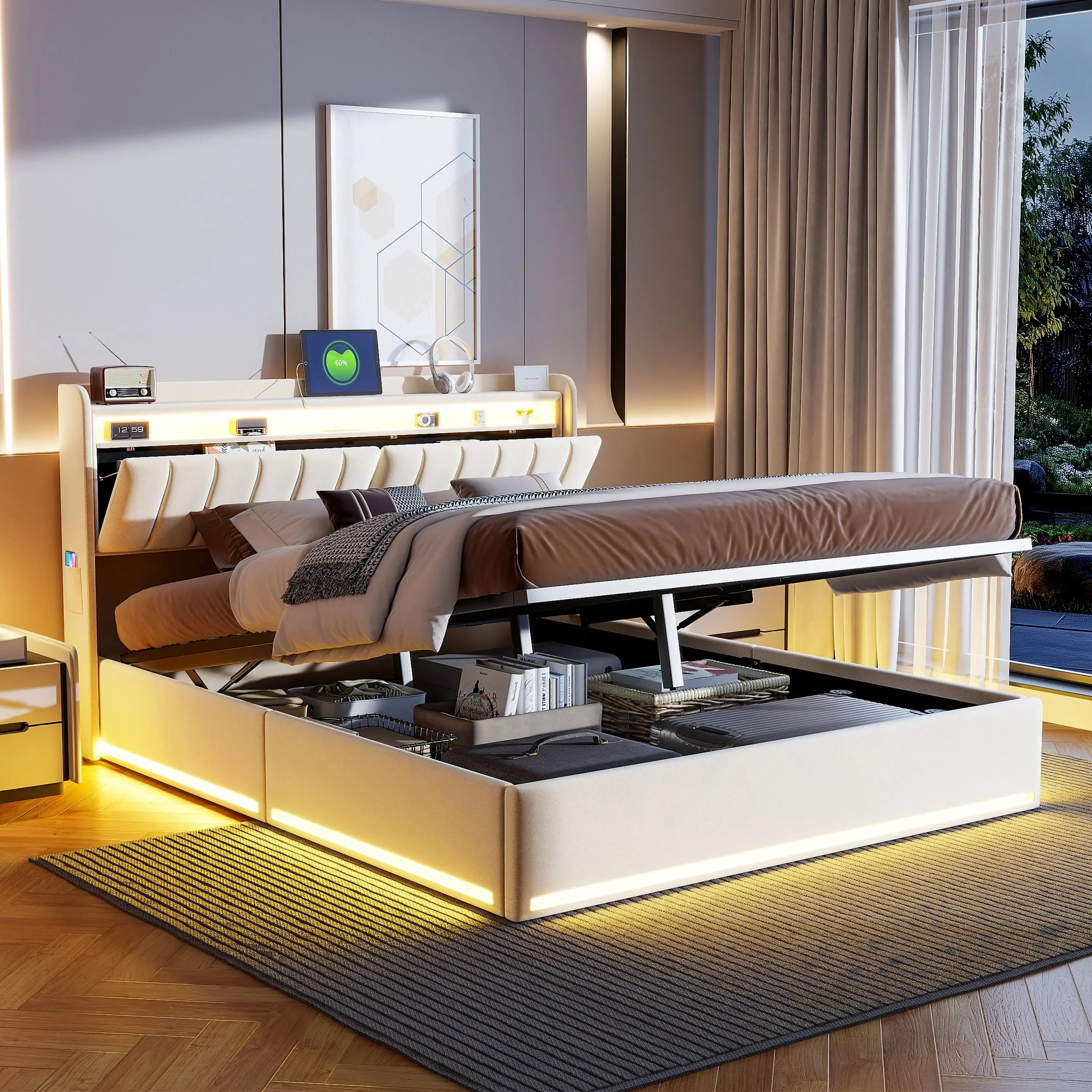 Tweepersoonsbed met geïntegreerde LED‑verlichting, USB‑oplaadfuncties en opbergruimte – Modern en functioneel bedframe