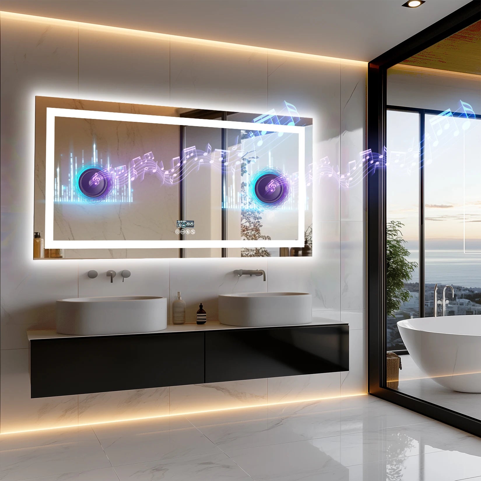 LED Badkamerspiegel met Bluetooth Speaker, Dimbare Verlichting, Anti-Condens & Display – Moderne Badkamerspiegel met Verlichting