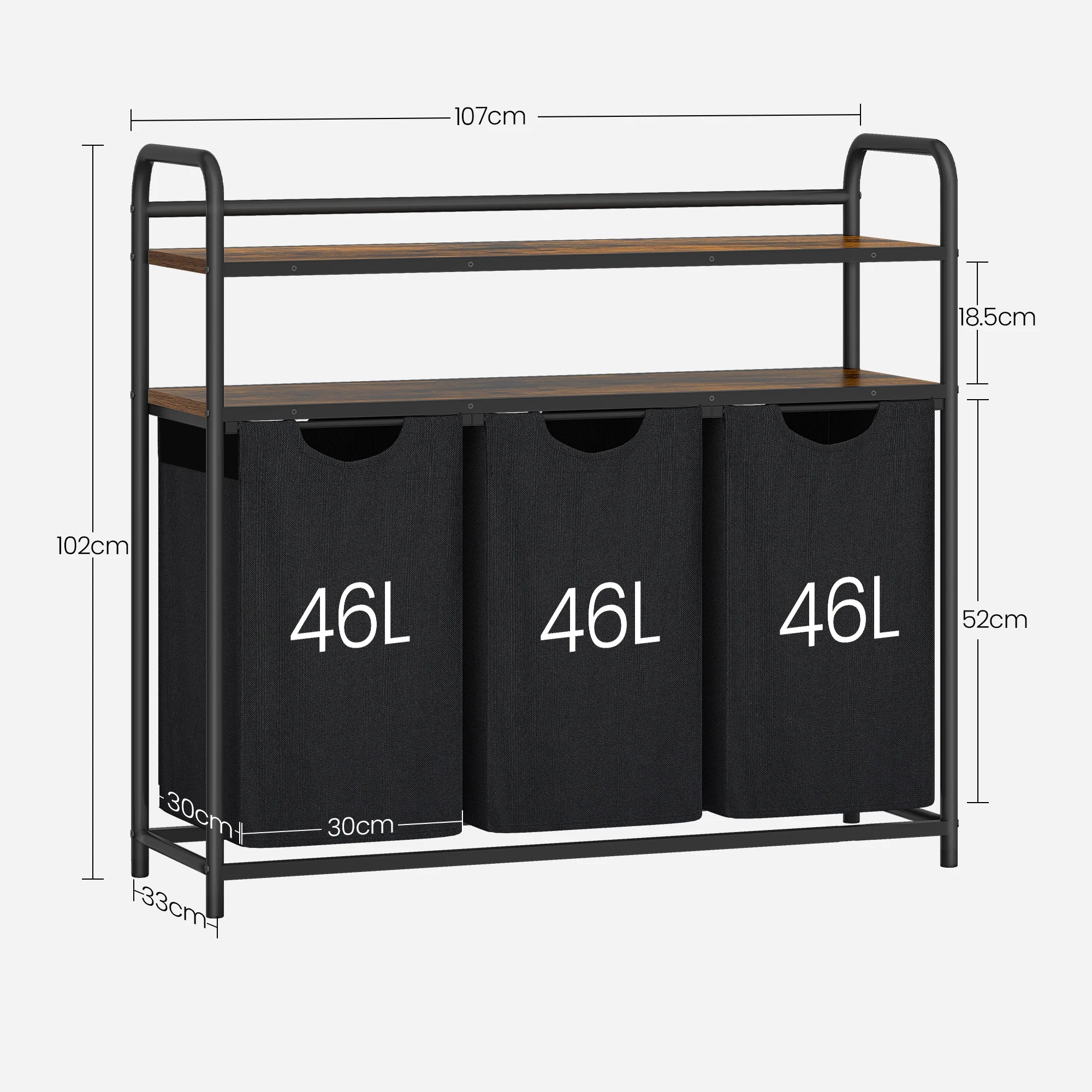Wasmand met 3 Vakken & Wieltjes – Grote Wasverzamelaar met 2 Planken, Uitschuifbare Liners en Organizer – Voor Badkamer, Slaapkamer & Waskamer