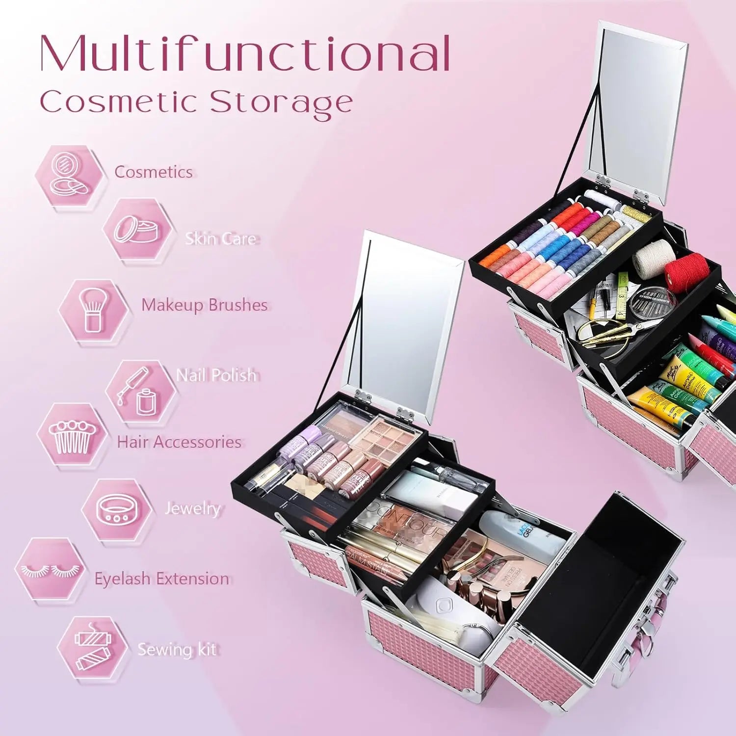 Draagbare Make-up Koffer met Lade, Spiegel en Slot – Make-up Organizer Reiskoffer voor Cosmetica