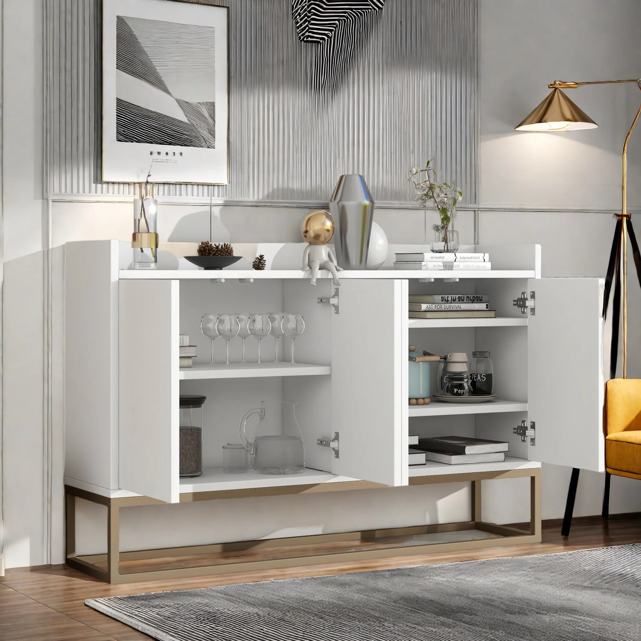 Minimalistische Dressoirkast 4 Deuren met Slot – Opbergkast Metaal & MDF – Moderne Buffetkast voor Woonkamer en Eetkamer