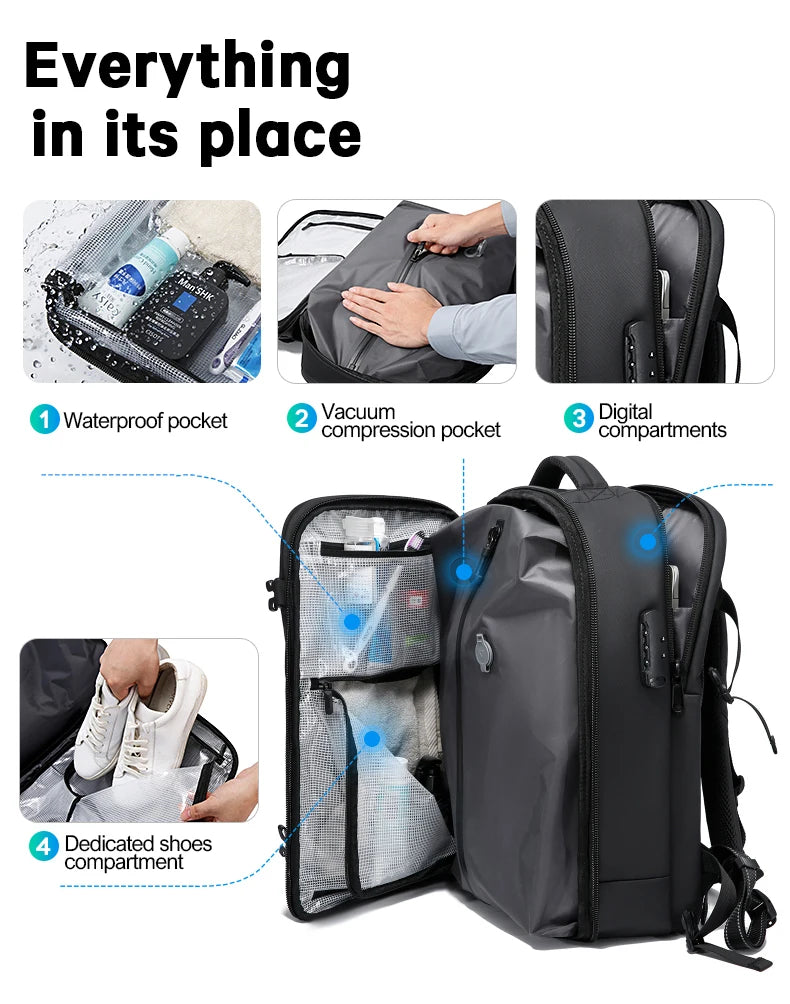 Anti‑Diefstal Laptop Rugzak 15.6 Inch – Waterdichte Reis & Business Backpack met Vacuum Compressie en Schoenenvak