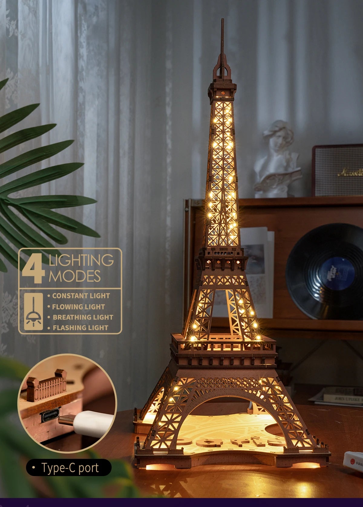 3D Houten Puzzel Eiffeltoren met LED Licht – DIY Modelbouw Kit voor Volwassenen en Kinderen – Creatief Knutselpakket 22x21x49 cm