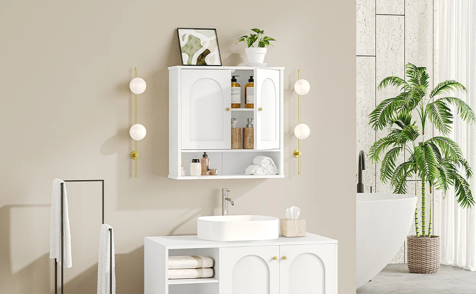 Badkamer Wandkast 60 x 20 x 60 cm – Wandmontage Opbergruimte – Wit met Houtnerf – 2 Deuren & Open Vak – Verstelbare Planken – Moderne Badkamerkast