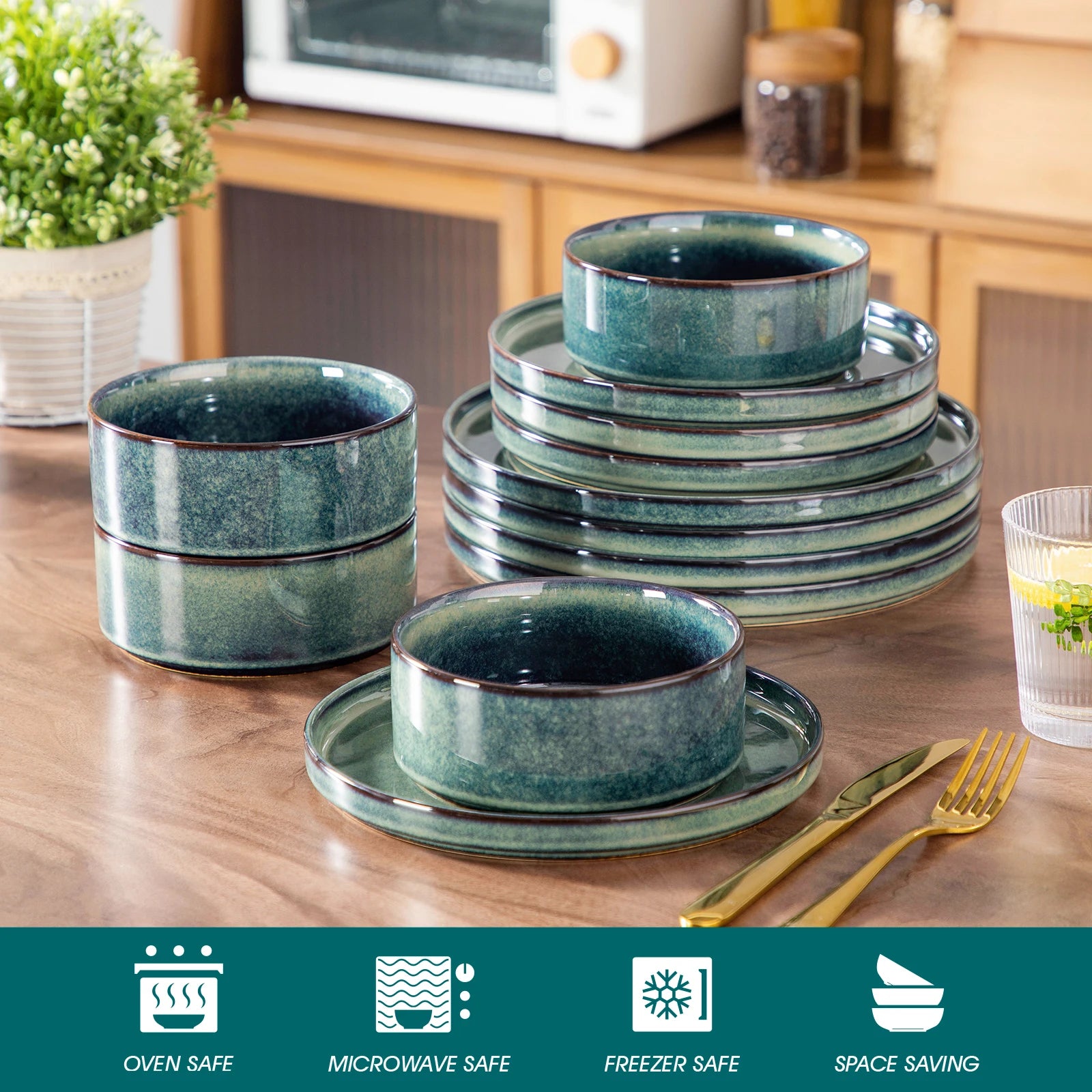 Serviesset Zwart Groen – 12/24/36-Delige Keramische Diner Set met Borden en Kommen – Modern & Luxe Servies