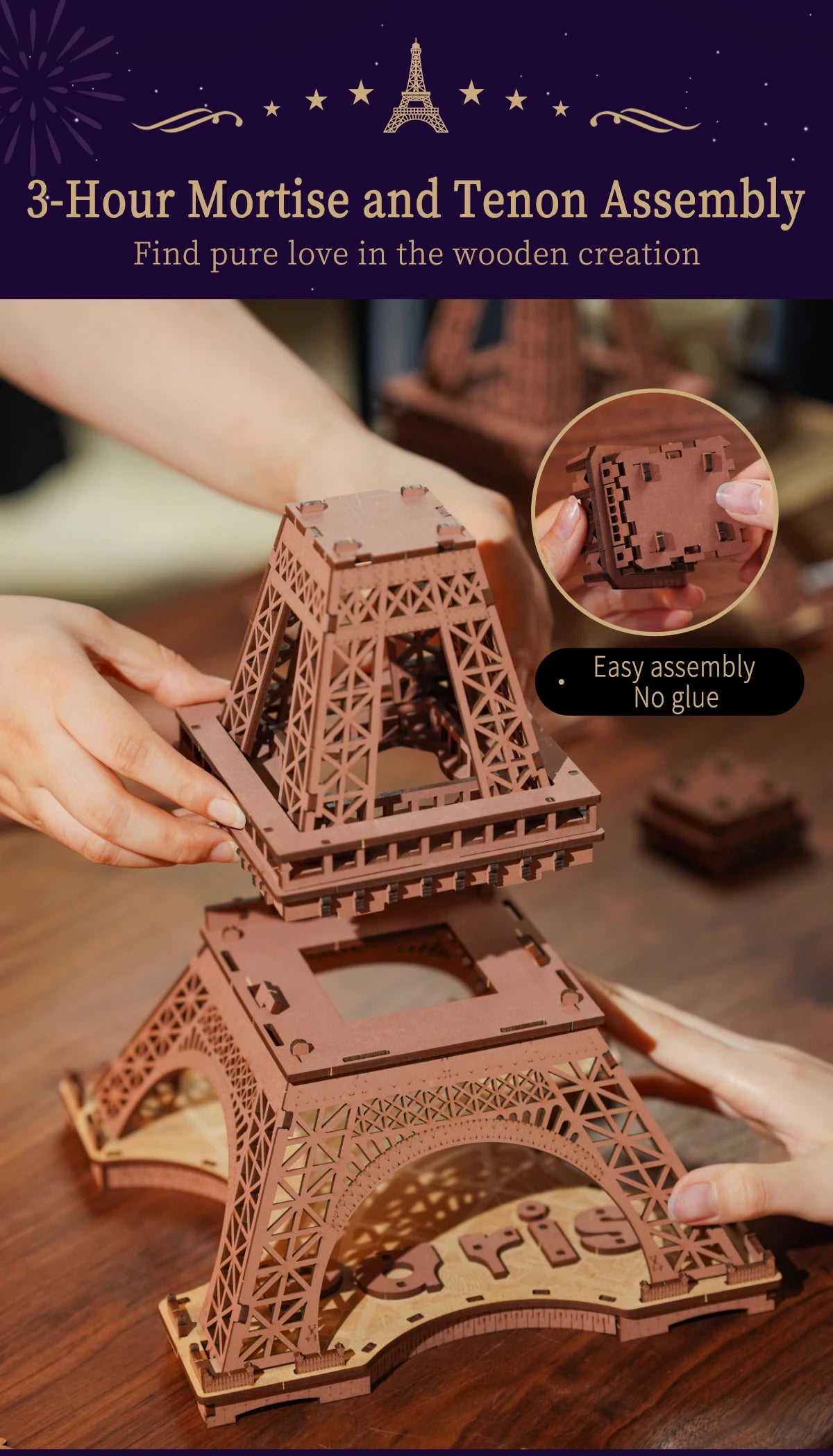 3D Houten Puzzel Eiffeltoren met LED Licht – DIY Modelbouw Kit voor Volwassenen en Kinderen – Creatief Knutselpakket 22x21x49 cm