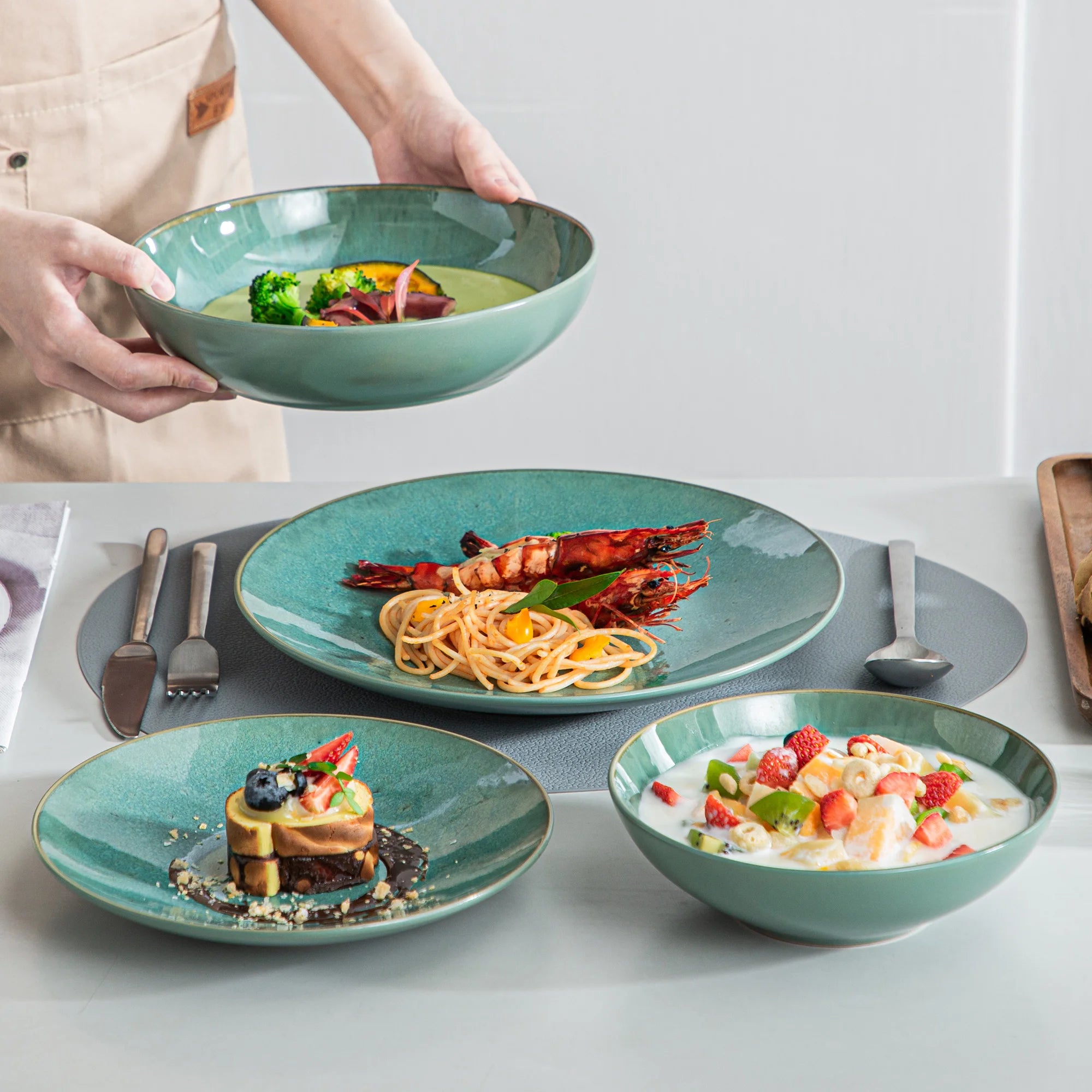 Servies Set 16-48 Delig – Modern Steengoed Servies voor 4 tot 12 Personen - Groen