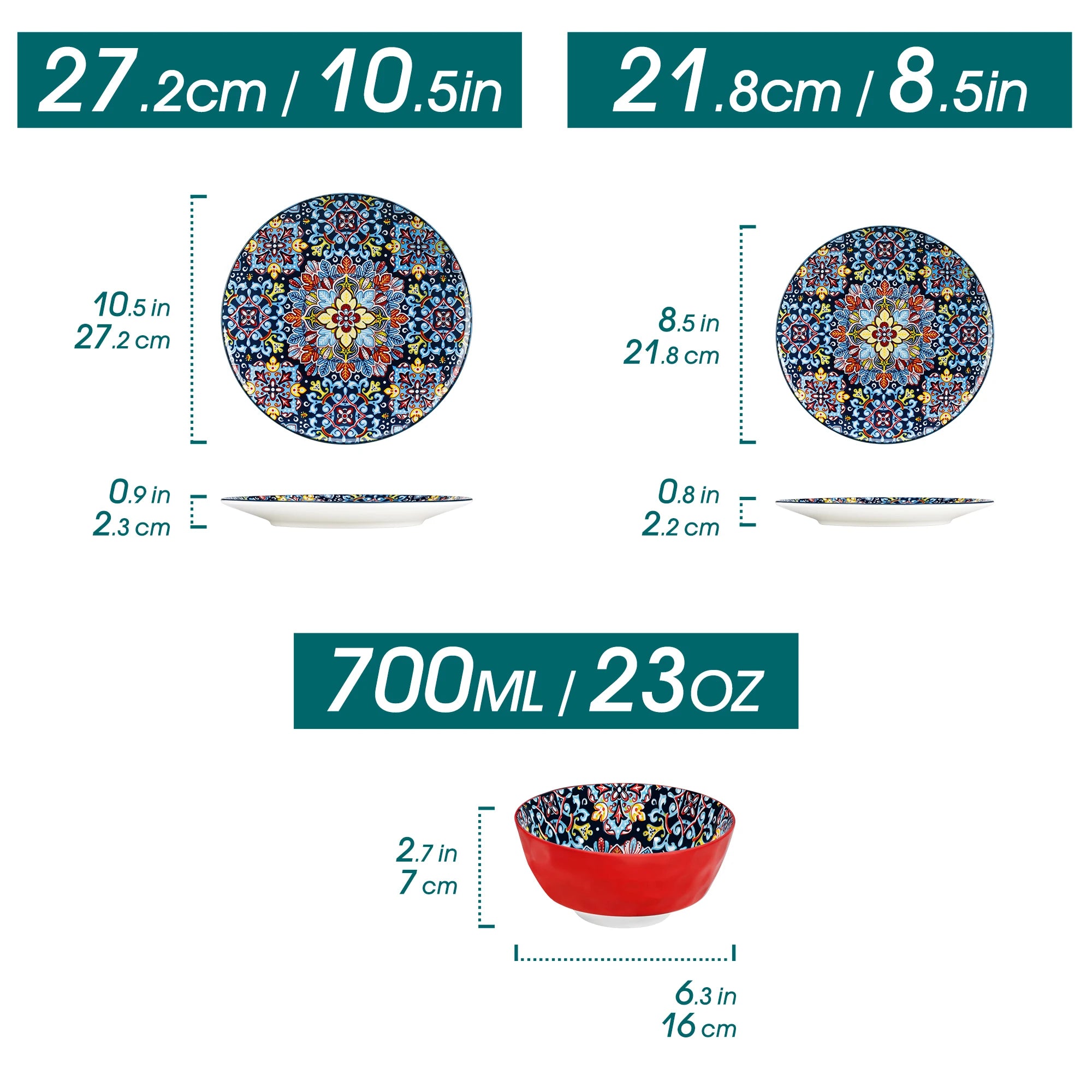 Boheemse 12-delige Keramische Servies Set – Porselein Dinerborden, Dessertborden & Kommen – Boho Servies met Bloemen Design