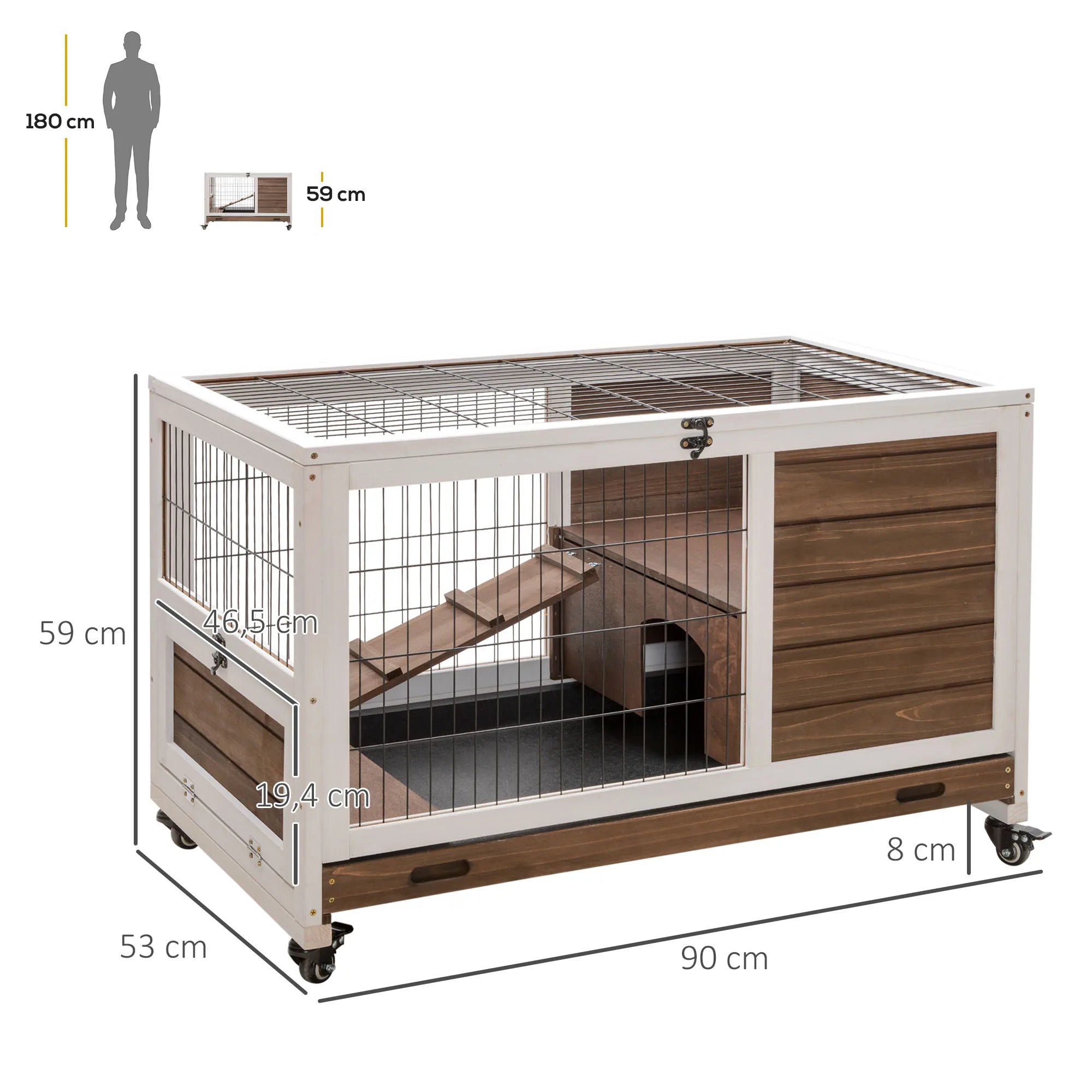 Konijnenkooi met Open Dak en Lade 90×53×59 cm – Houten Konijnenhok met Wielen voor Konijnen en Cavia’s