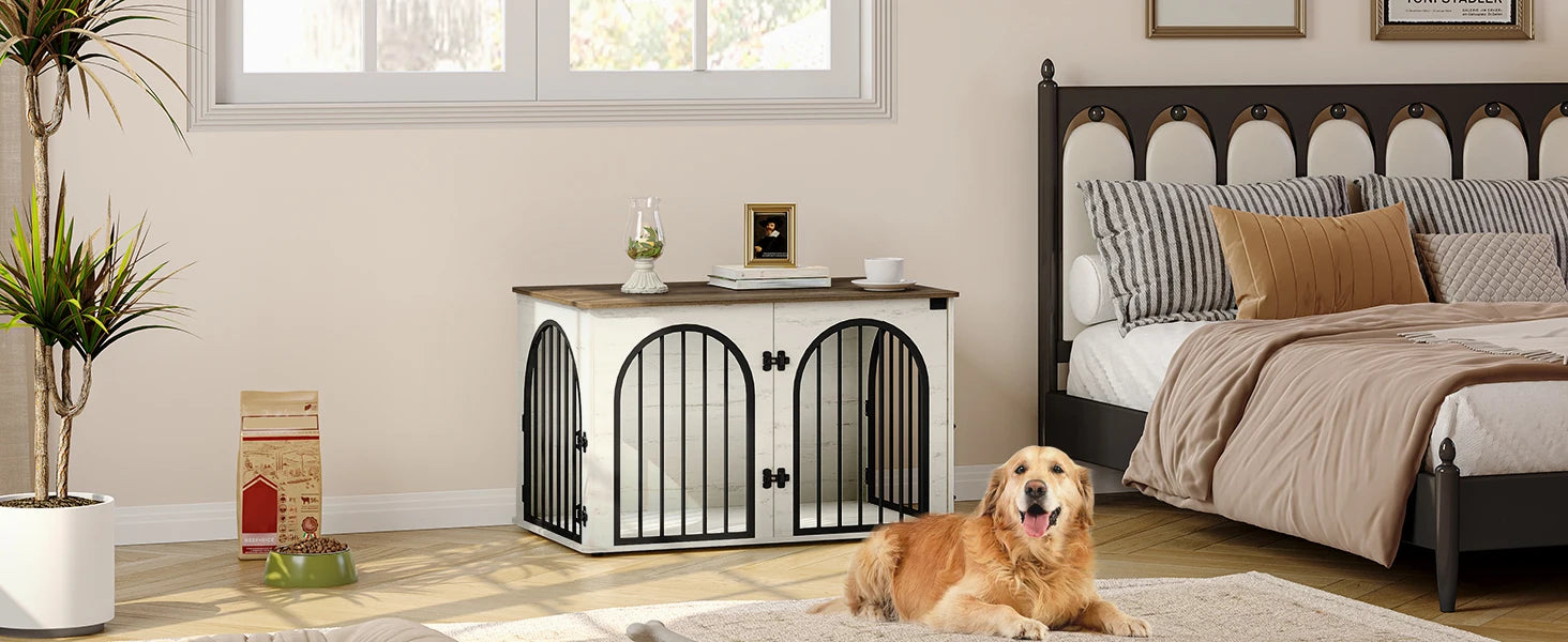 Houten Hondenbench Meubel 100 cm – Luxe Design Hondenkooi met 3 Deuren – Stevige Dog Crate voor Binnen – Bijzettafel & TV Meubel