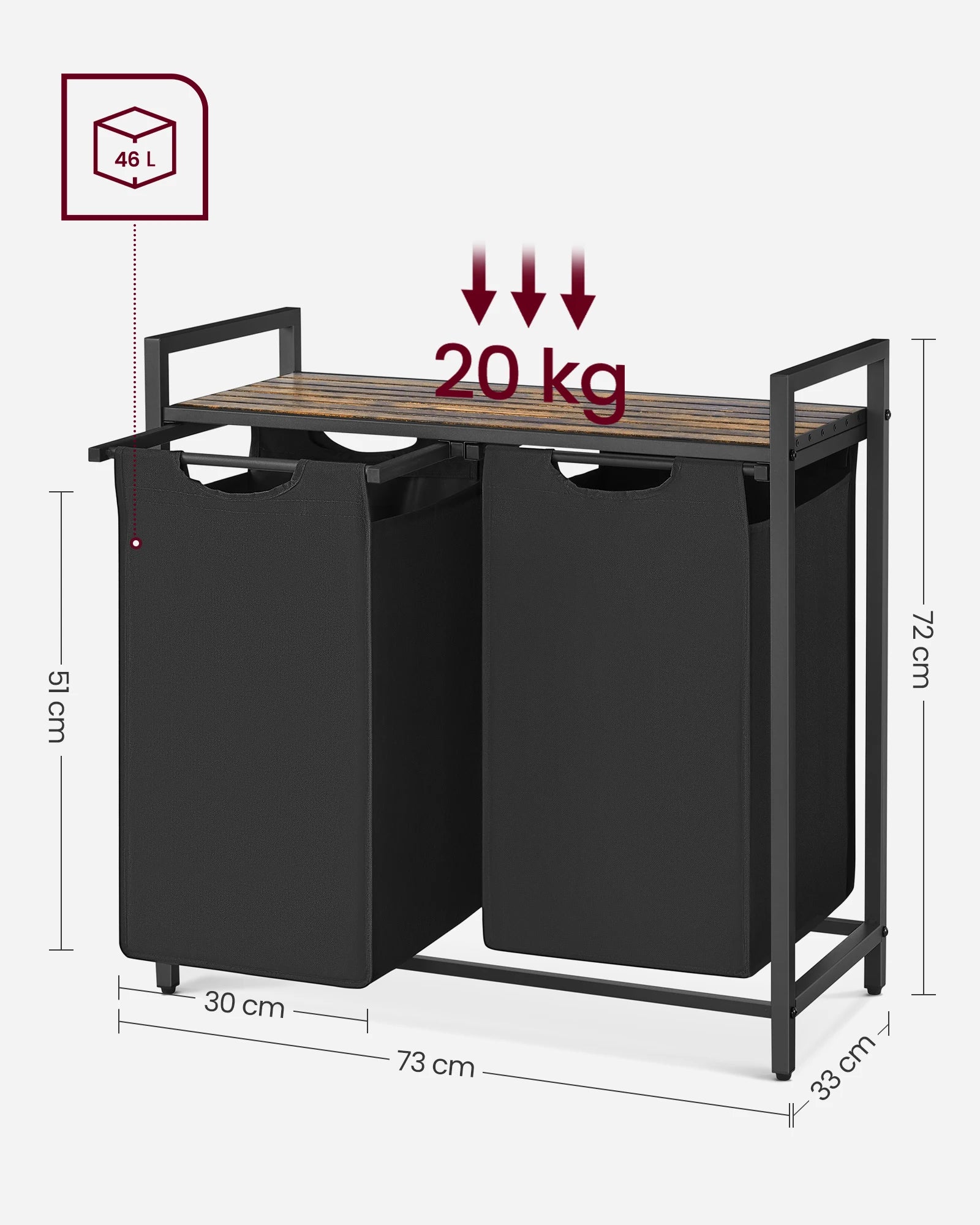 Grote Dubbele Wasmand met 2 Vakjes - 92 L - Stevig Frame & Afneembare Waszakken