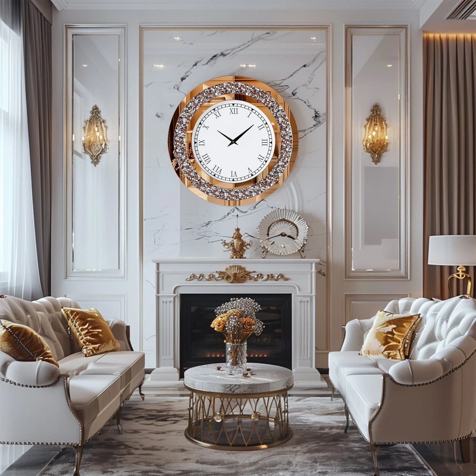 Ronde Zilveren Spiegelklok 60 cm – Luxe Wandklok met Romeinse Cijfers & Crushed Diamant Design