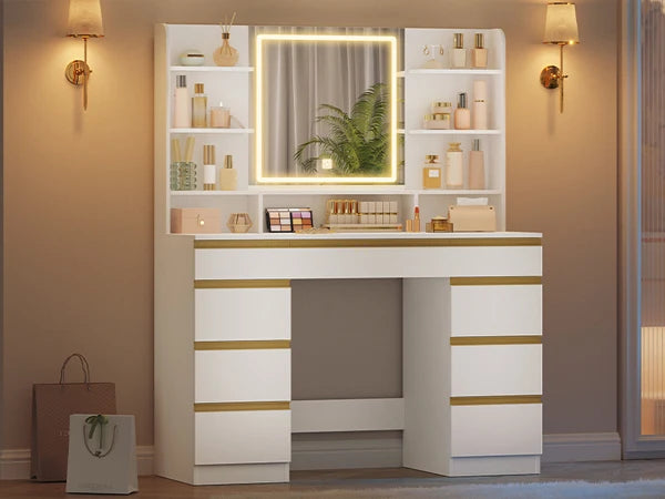 Kaptafel met LED Verlichting en Spiegel – 9 Laden & 9 Opbergvakken – Moderne Make-up Tafel met Verstelbare Verlichting – Wit Goud