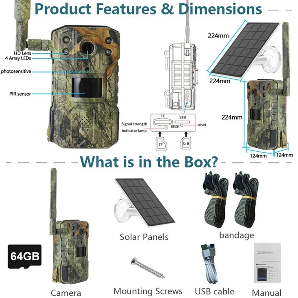 4G 4K Wild‑ en Jachtcamera met SIM‑verbinding, Zonne‑energie, Nachtzicht & Bewegingdetectie
