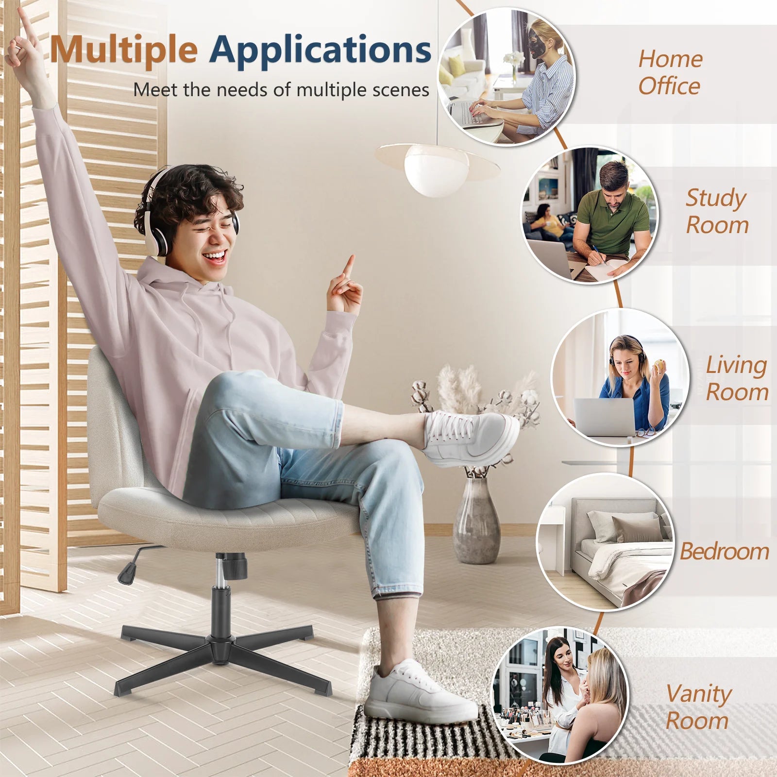 Brede verstelbare armloze draaistoel voor kantoor, woonkamer, gaming & bureau – comfortabele stof – 360° swivel