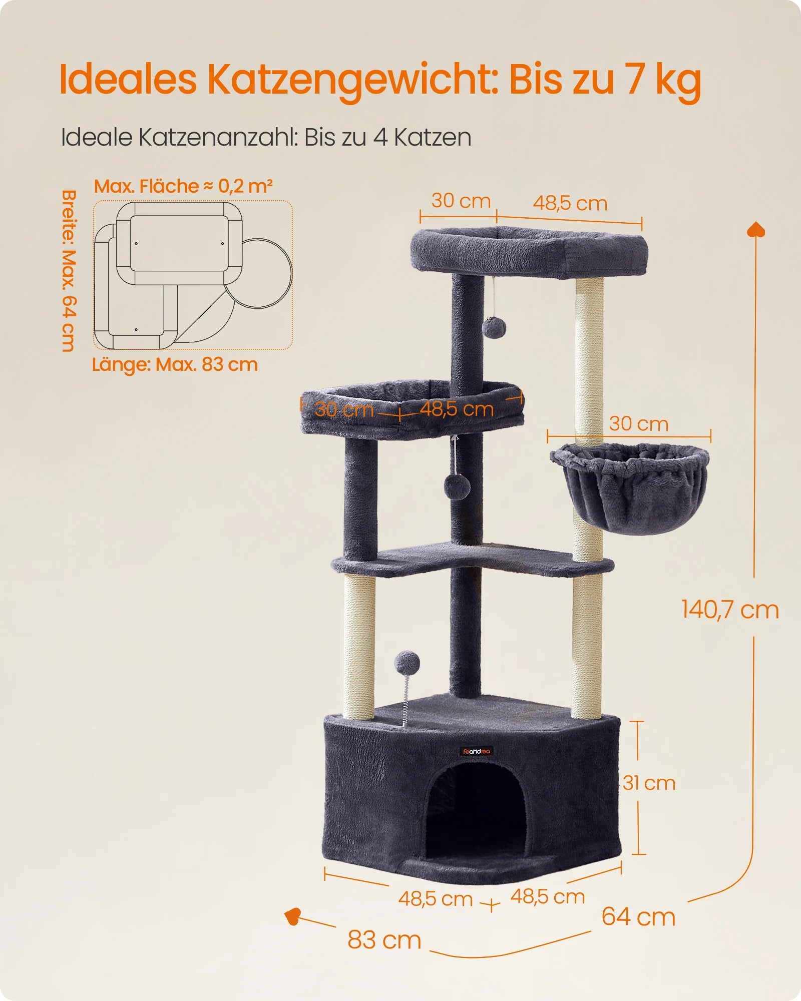 Krabpaal Hoekmodel 140 cm – Grote Kattenboom met Huisje, Mand & Platforms – Stabiele Krabtoren voor Grote Katten