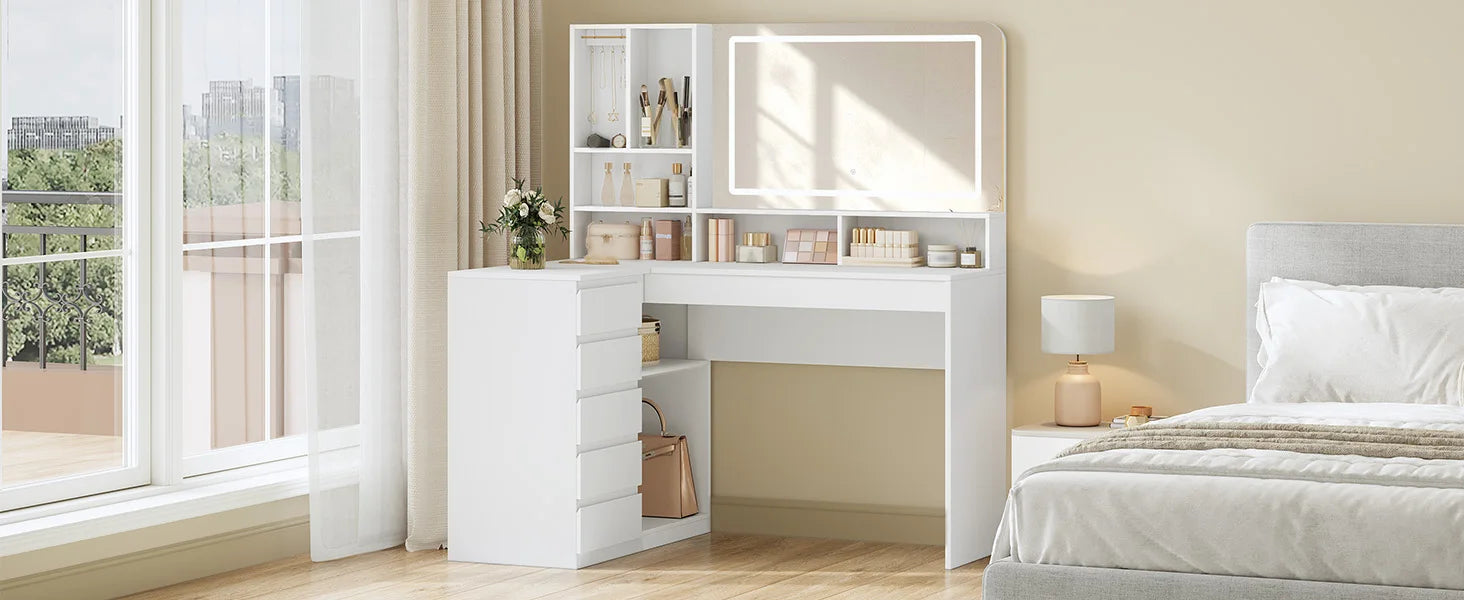 Kaptafel met Spiegel en LED Verlichting – L-Vormige Hoek Make-up Tafel met 5 Laden en Opbergruimte – Moderne Witte Dressing Table