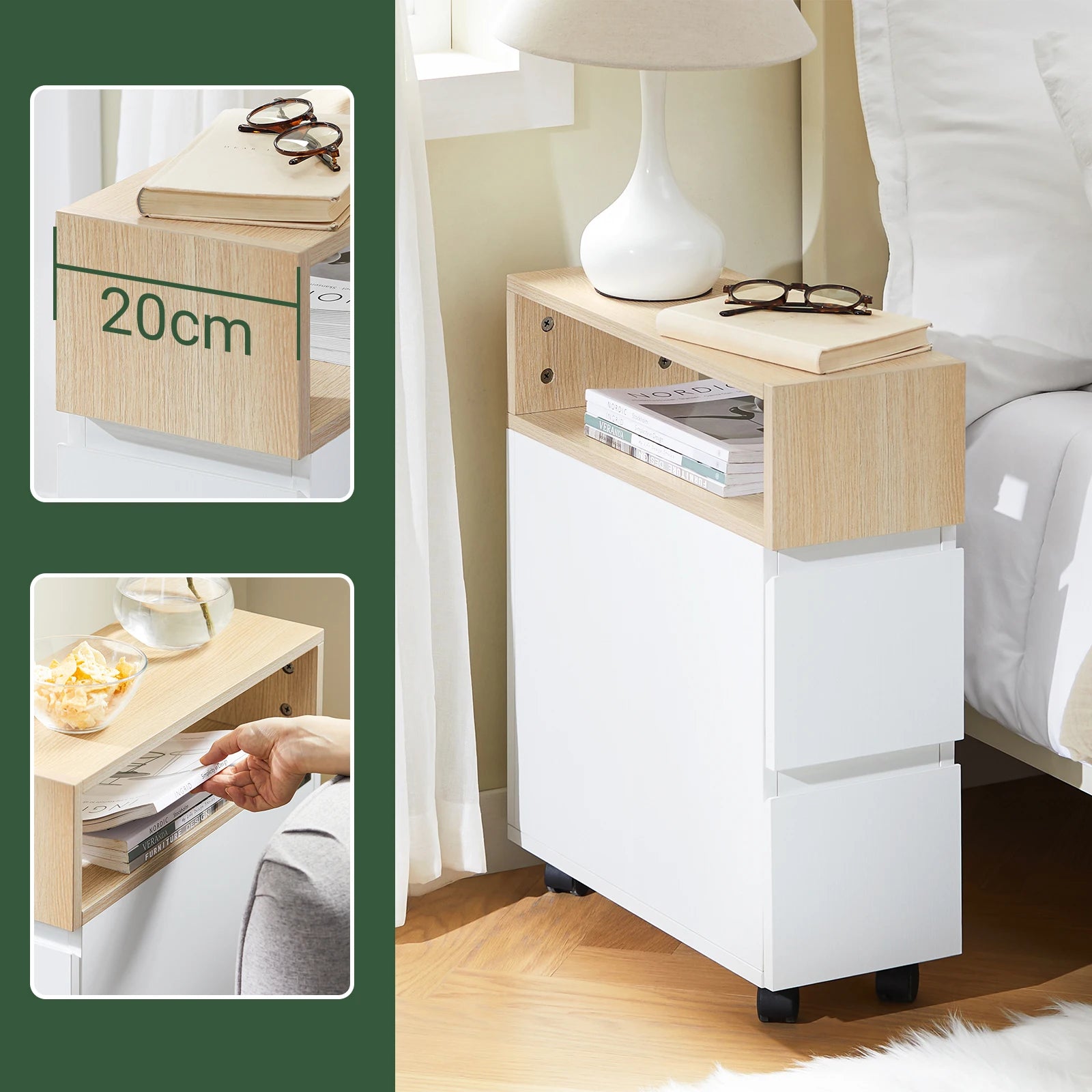 Witte Nachtkast Trolley met Nisplank en Wieltjes – Praktisch Nachtkastje voor Badkamer & Bed