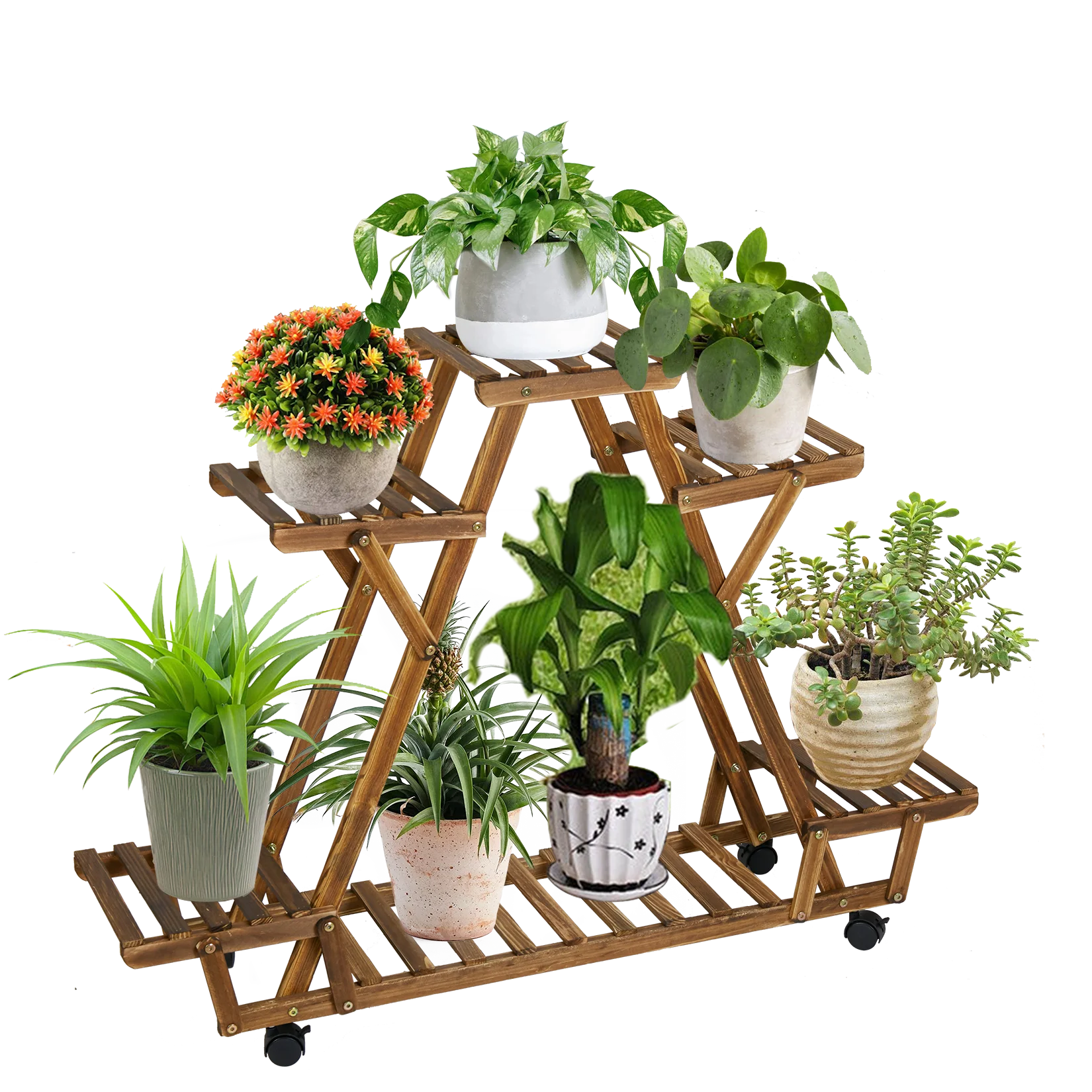 Driehoekig Plantenrek met Wielen – 6 Lagen Houten Bloemenstandaard voor Binnen & Balkon