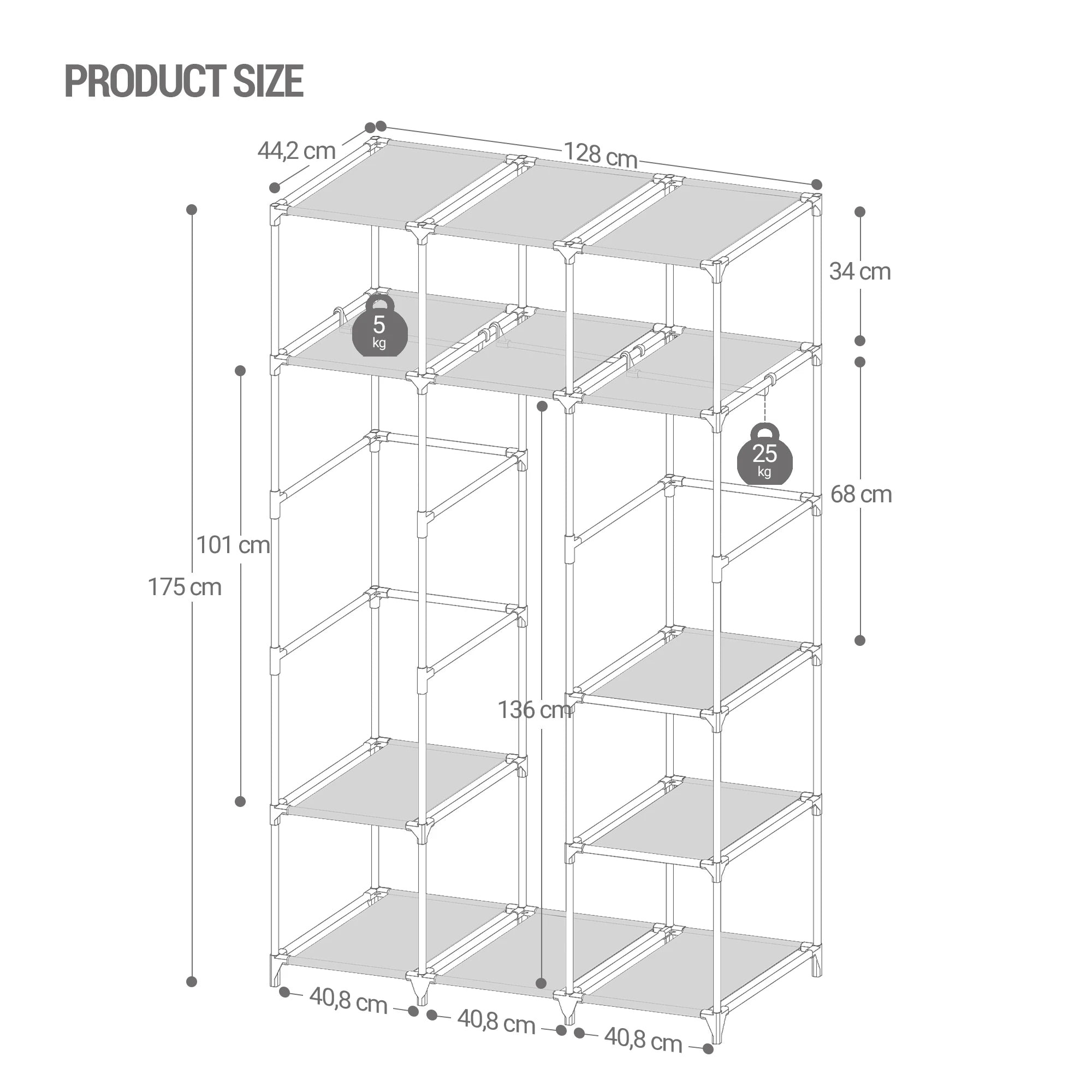 Vrijstaande stoffen kledingkast 130 cm – 3 hangstangen & 9 vakken – garderoberek organizer voor slaapkamer & thuisopslag
