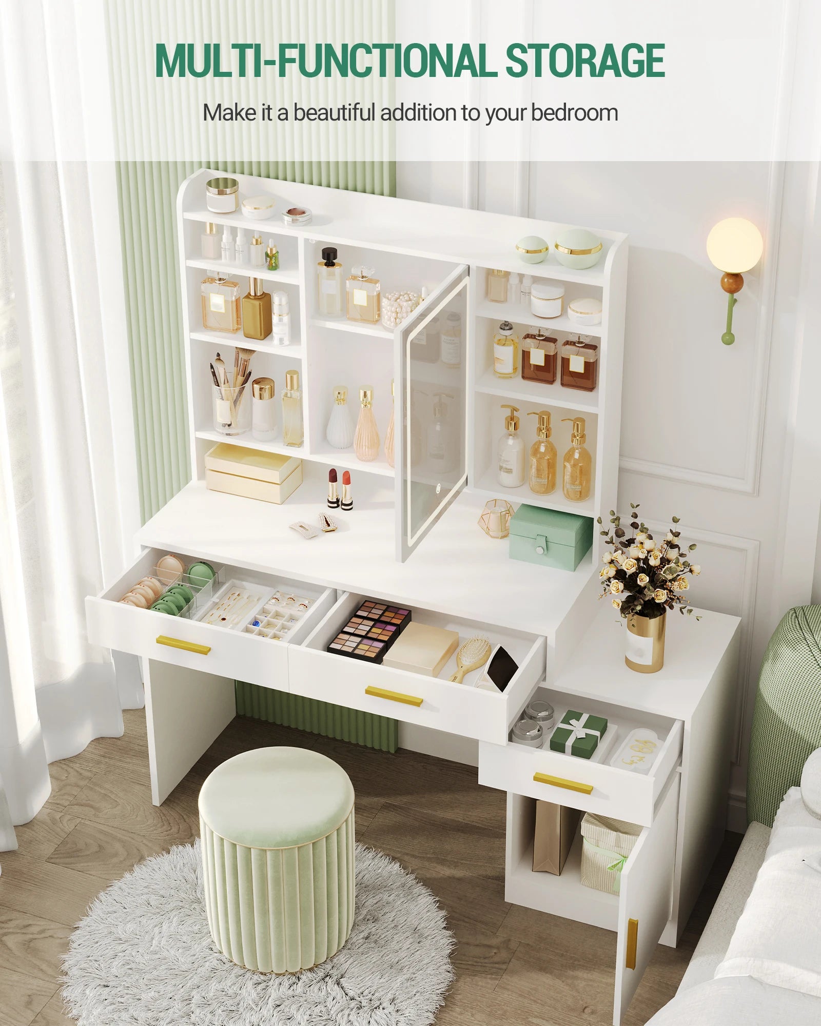 Kaptafel met LED Spiegel en Opbergruimte – Moderne Make-up Tafel met 3 Laden, Kast en Schappen – Witte Dressing Table voor Slaapkamer