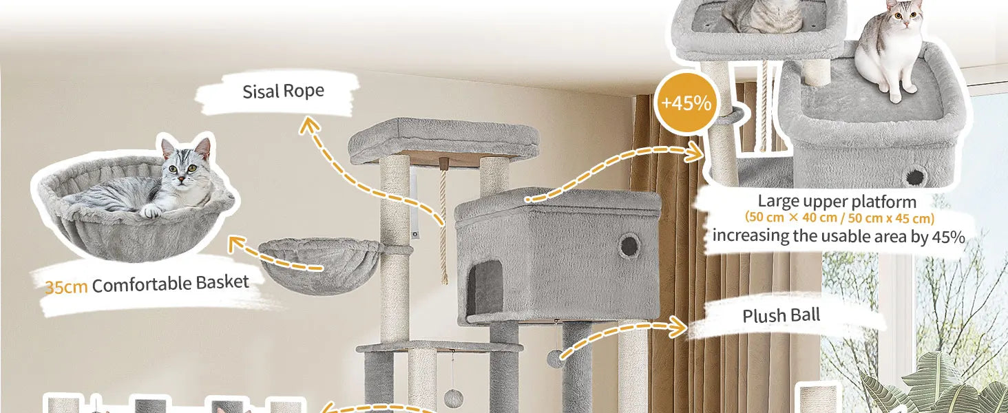 Grote Krabpaal voor Katten XXL – 200 cm Kattenboom met 10 Sisalpalen, 2 Huisjes, Hangmatten & Platform – Voor Grote Katten