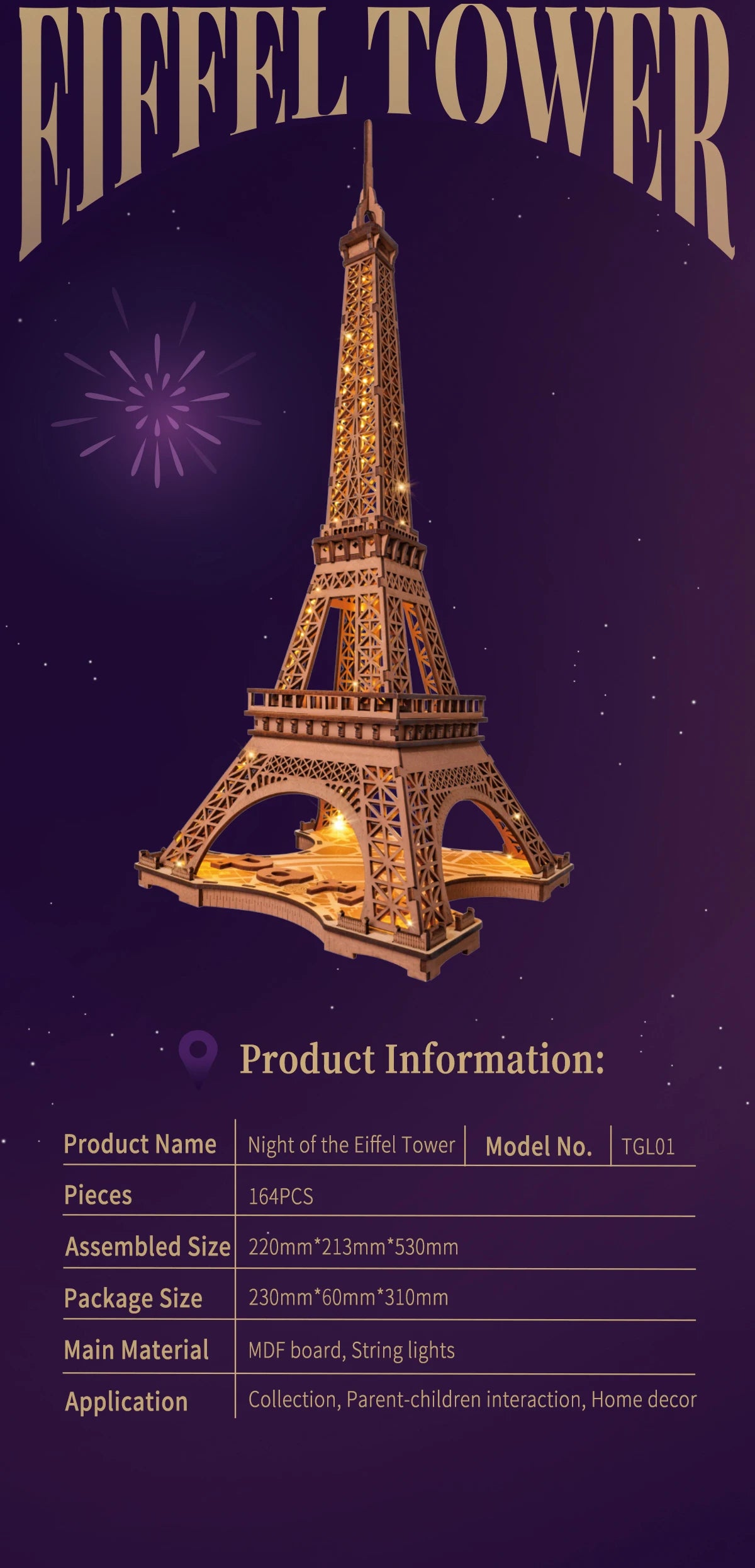 3D Houten Puzzel Eiffeltoren met LED Licht – DIY Modelbouw Kit voor Volwassenen en Kinderen – Creatief Knutselpakket 22x21x49 cm
