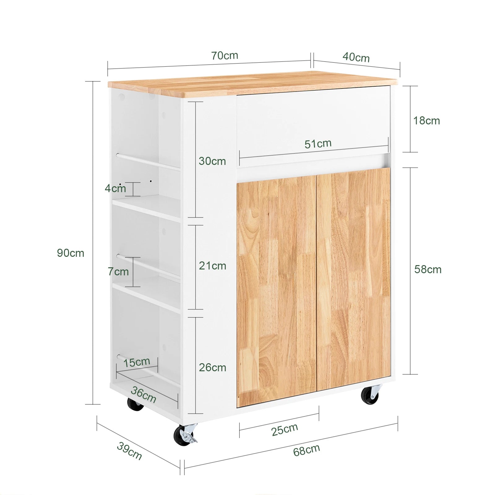 Witte keukentrolley met rubberen houten blad en wielen – multifunctionele serveerwagen