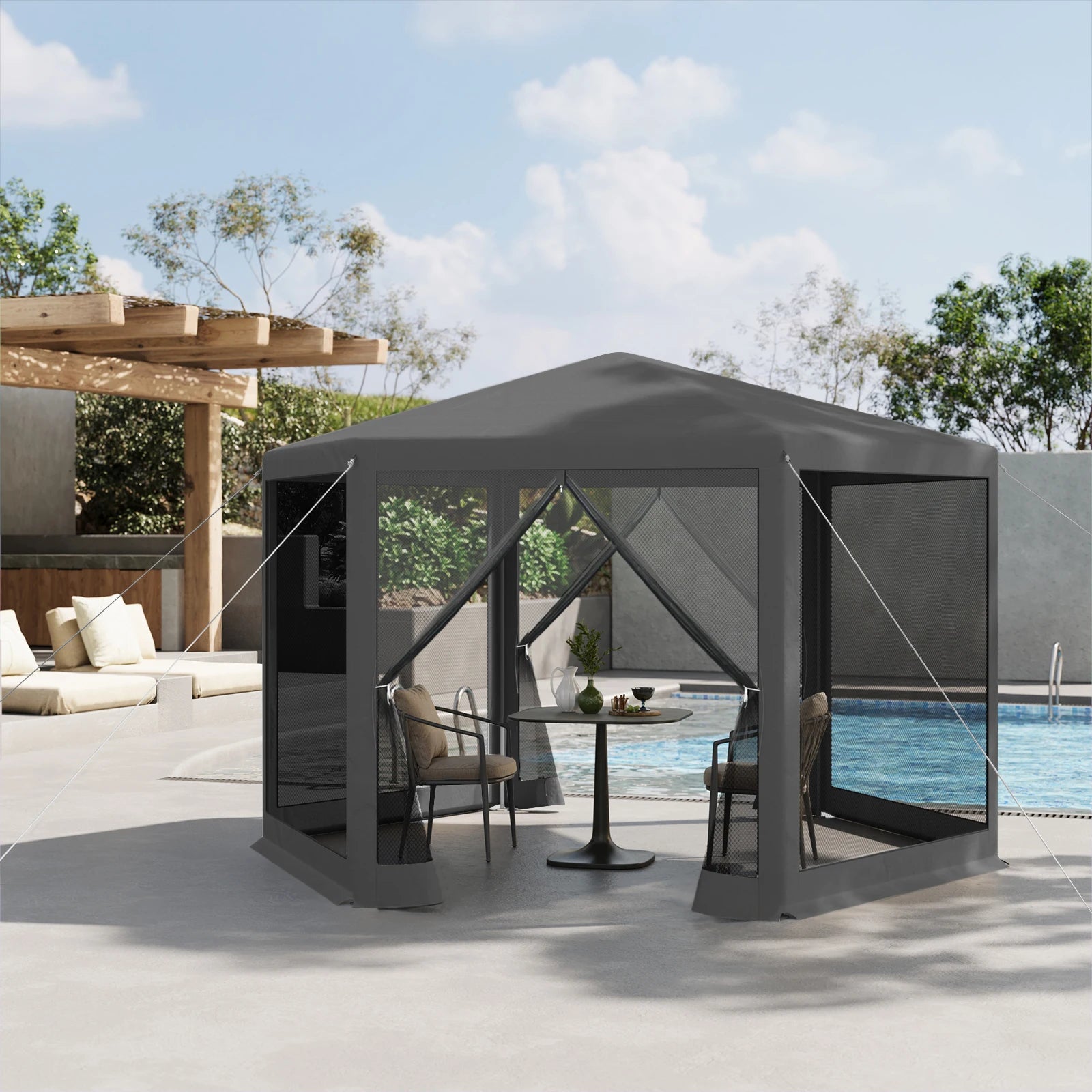 Tuinpaviljoen 3,8 x 3,3 m met Klamboe – Tuinhuisje met Mesh Zijwanden, UV-Bescherming & Luifel voor Tuin en Terras