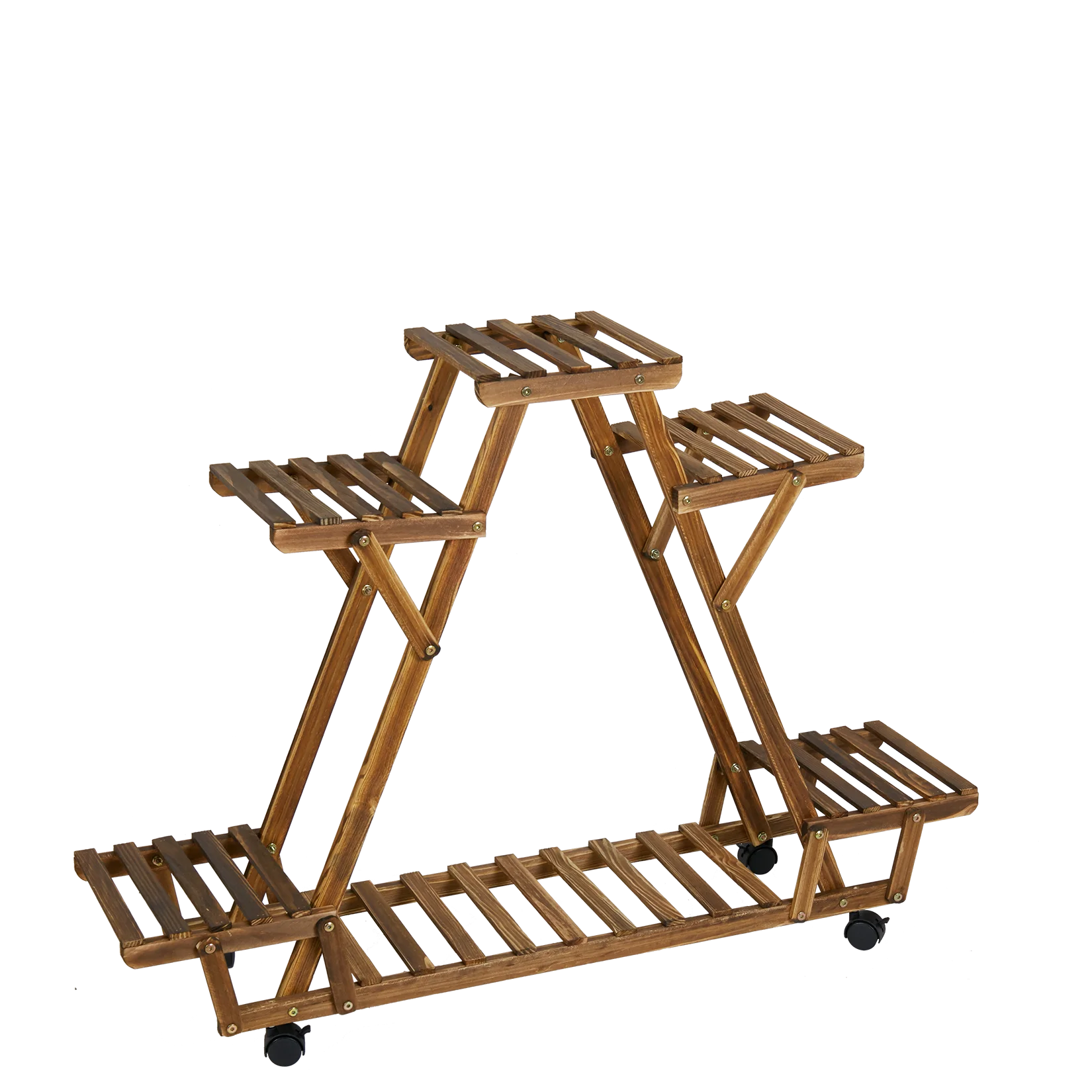 Driehoekig Plantenrek met Wielen – 6 Lagen Houten Bloemenstandaard voor Binnen & Balkon