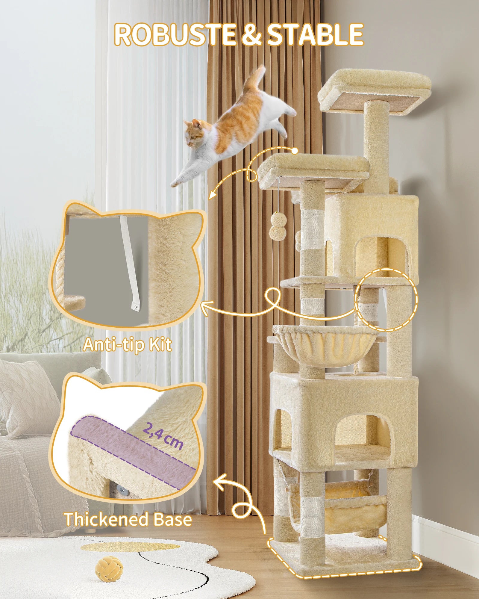 XL Kattenboom 176 cm – Krabpaal met 3 Plateaus, 2 Huisjes & Hangmat – Stevige Kattenkrabpaal voor Meerdere Katten