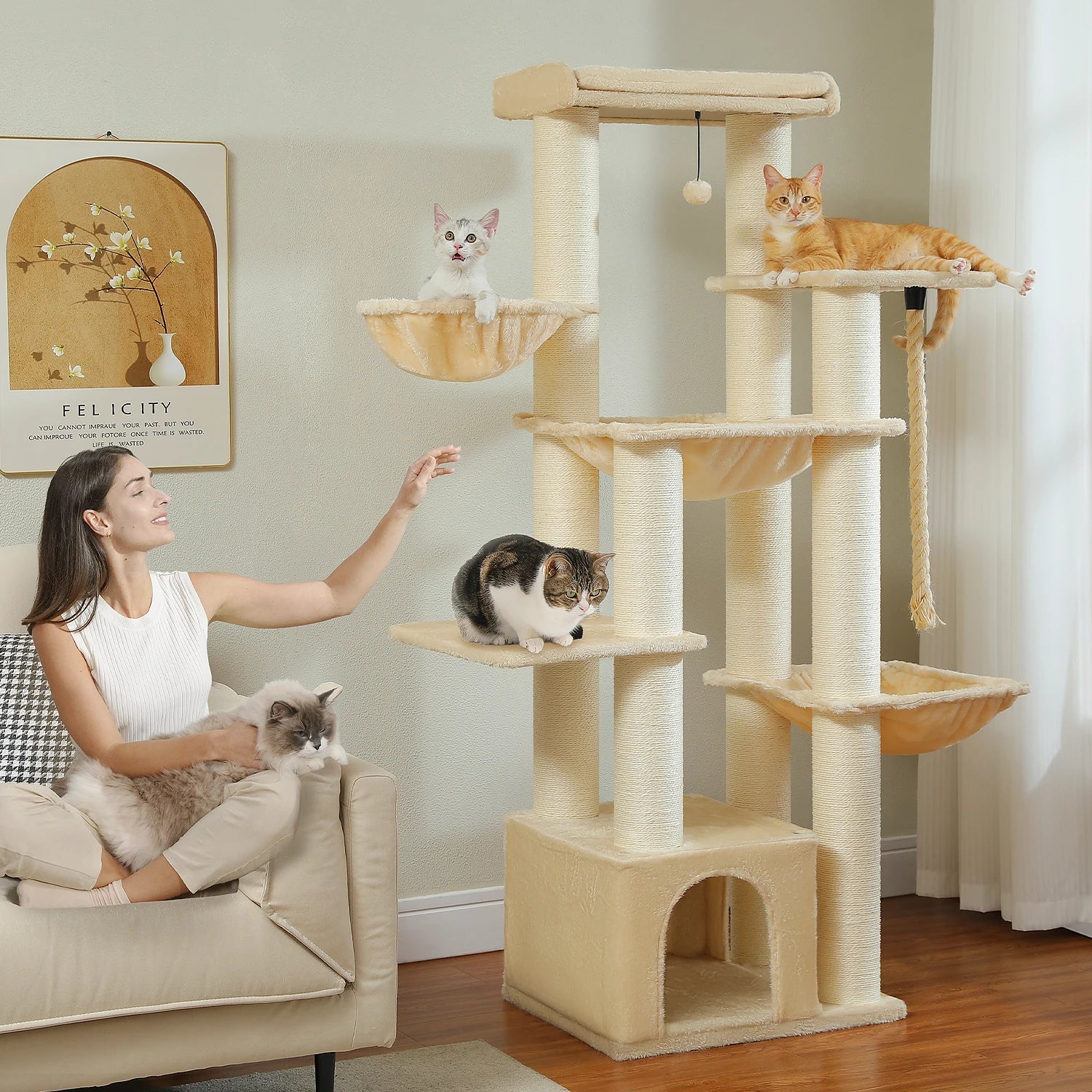 Grote Kattenboom voor Grote Katten – Robuuste Krabpaal met 11 Sisal Palen, Hangmatten en Kattenhuis