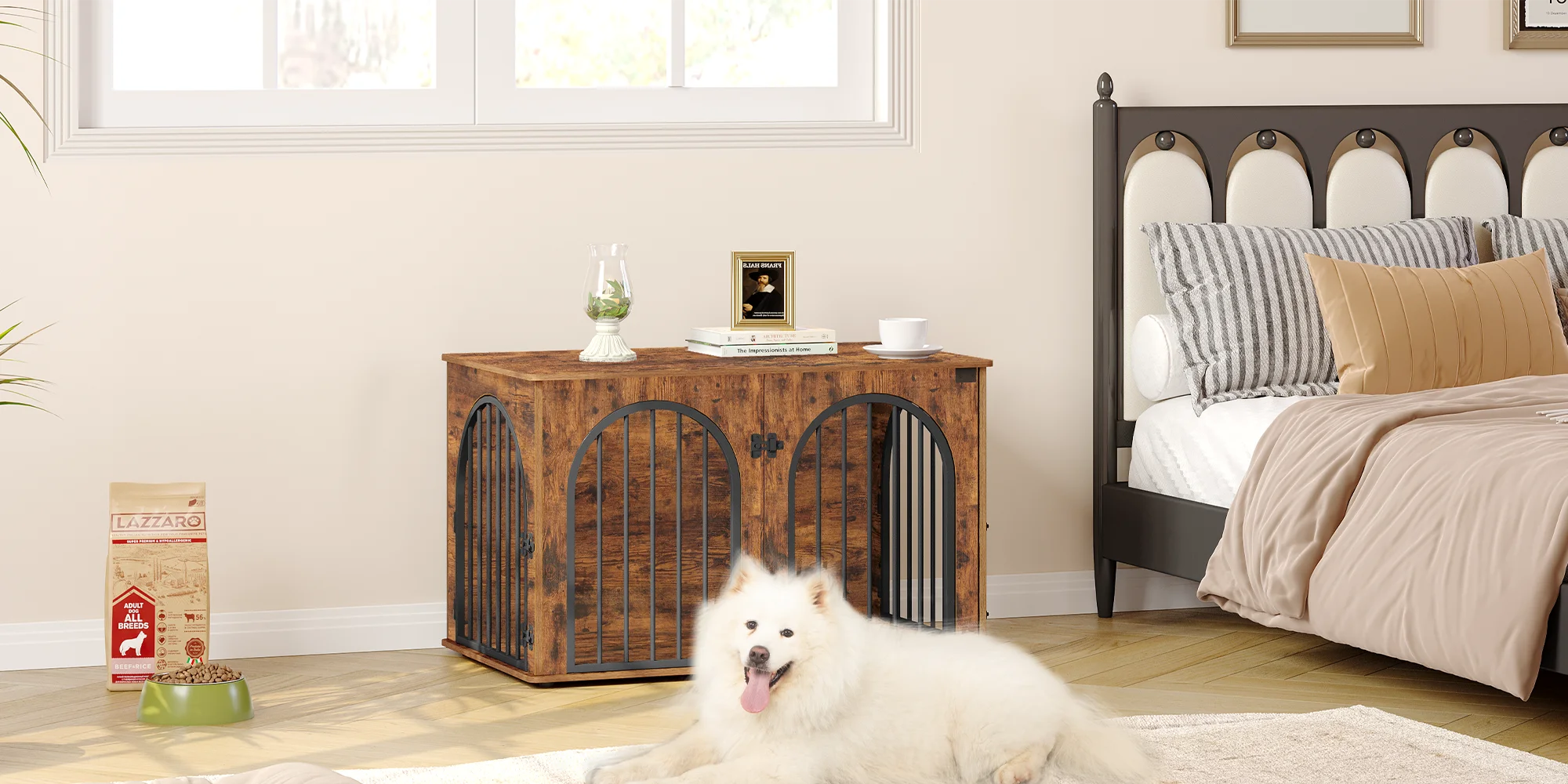 Houten Hondenbench Meubel 100 cm – Luxe Design Hondenkooi met 3 Deuren – Stevige Dog Crate voor Binnen – Bijzettafel & TV Meubel