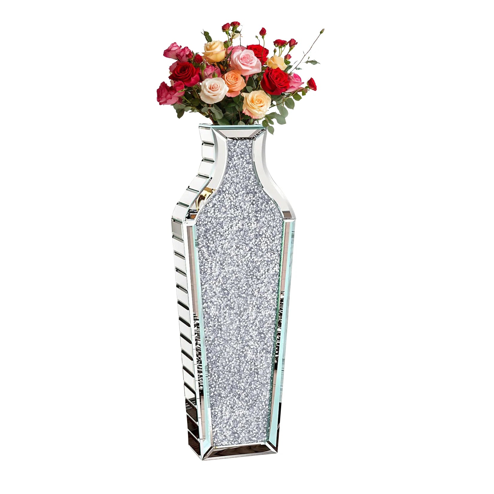 Hoge Spiegelende Bloemvaas 68,5 cm – Luxe Diamant Design Vloervaas Zilver voor Woonkamer en Interieur