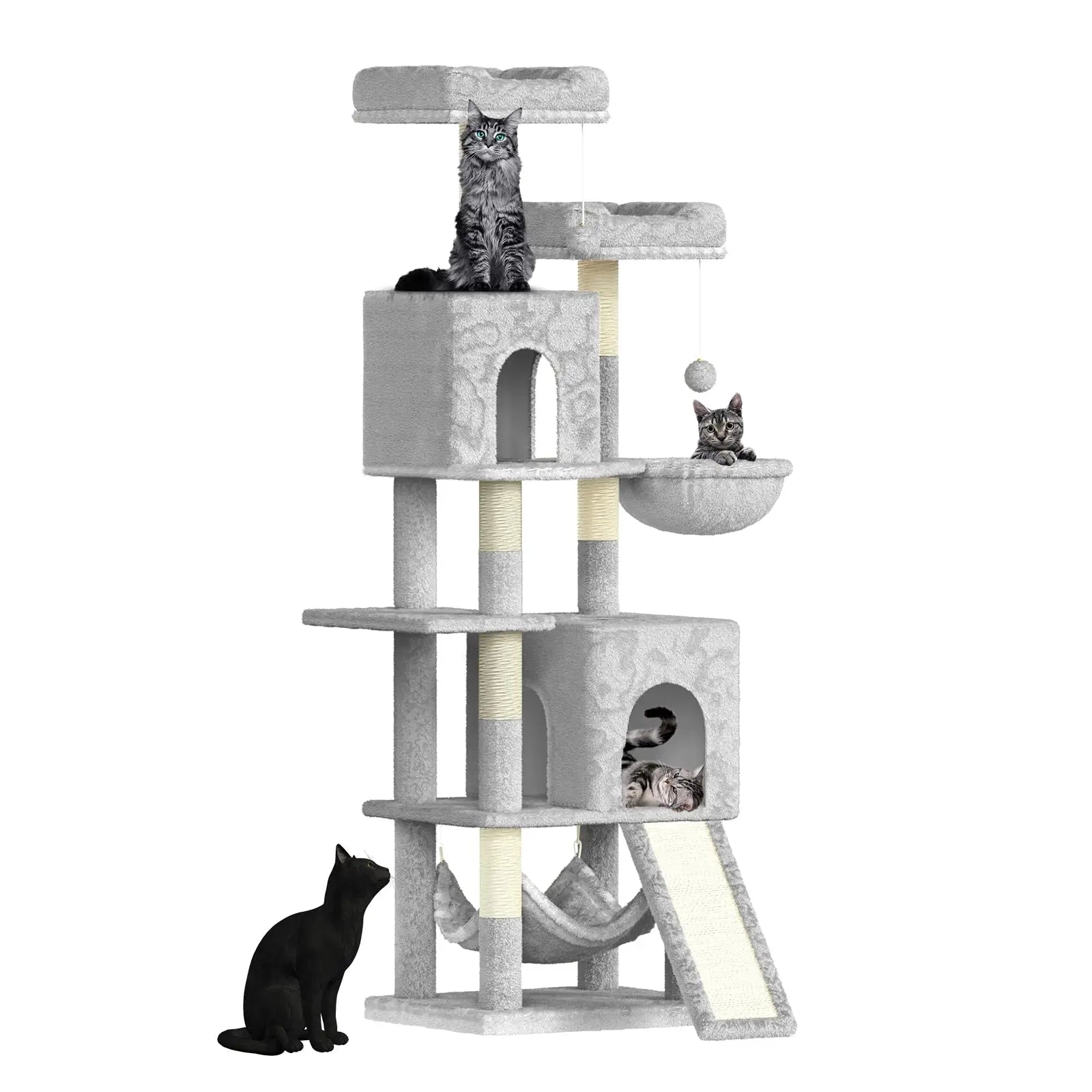 Katten Krabpaal 158 cm – Grote Kattenboom met 2 Huisjes, 2 Hangmatten & 7 Sisal Krabpalen – Luxe Klimtoren voor Binnenkatten