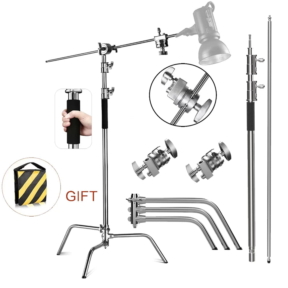 Heavy Duty C-Stand Lichtstatief 2,6M / 3,3M – RVS Fotografie Statief voor Studio, Camera, Softbox en LED Lamp