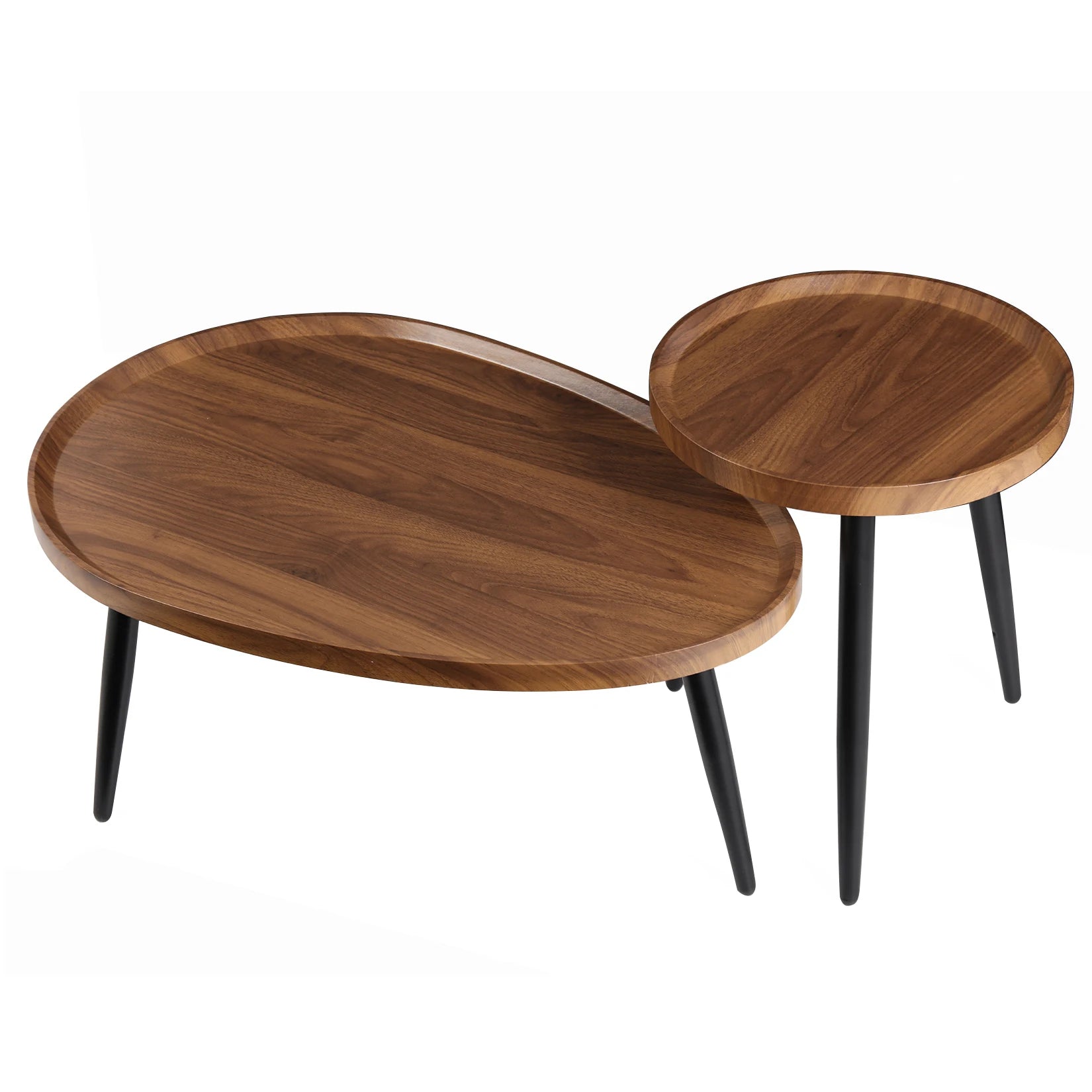 Moderne Set van 2 Ronde Salontafels – Nesting Bijzettafels met Houtlook Blad en Zwarte Metalen Poten – Industriële Salontafel Set