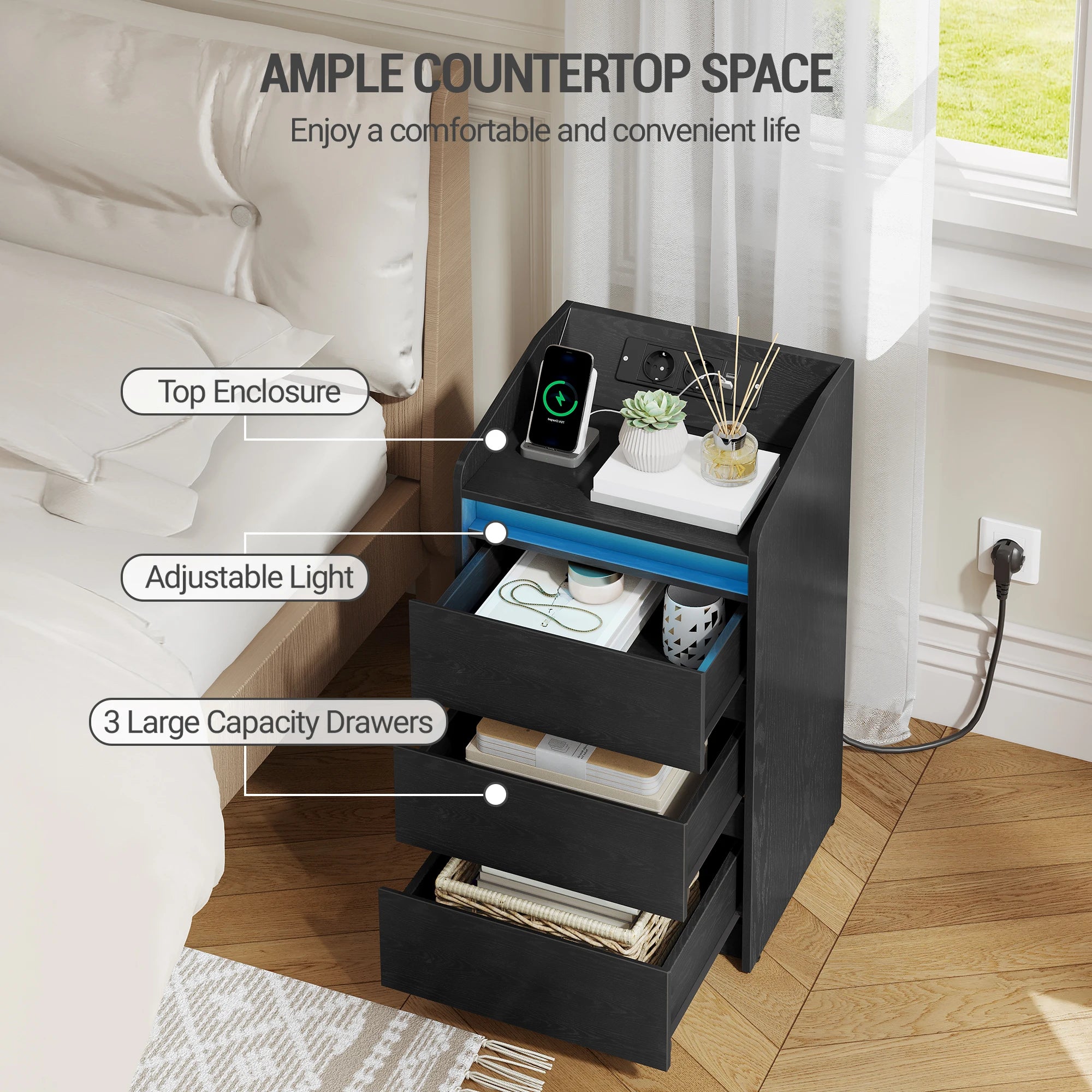 Nachtkast met Oplaadstation, LED‑Verlichting en 3 Laden