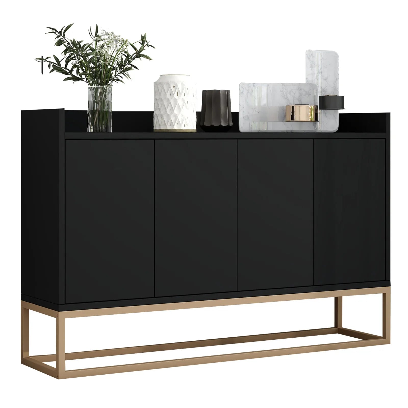 Minimalistische Dressoirkast 4 Deuren met Slot – Opbergkast Metaal & MDF – Moderne Buffetkast voor Woonkamer en Eetkamer