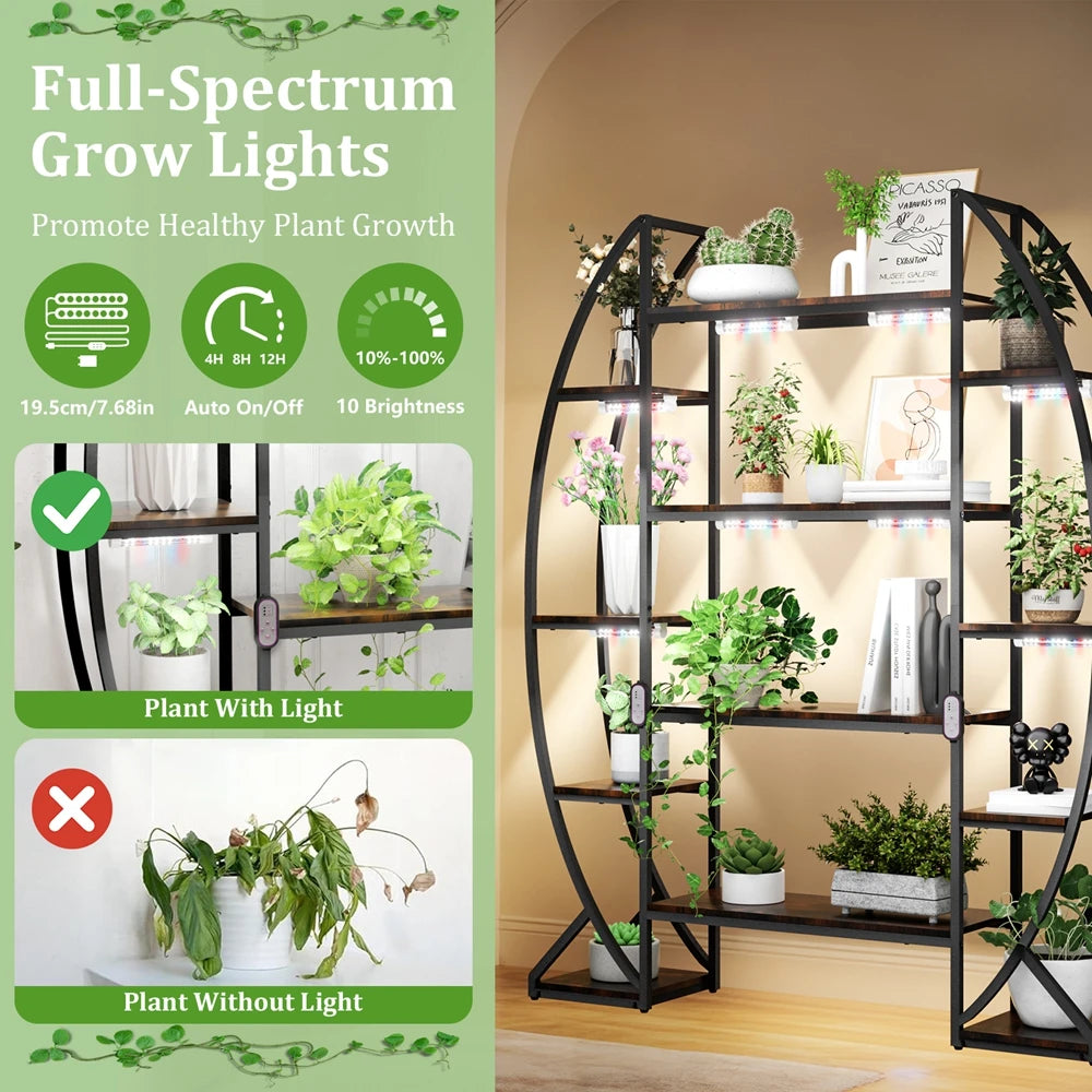 Halvemaan Plantenrek met Groeilampen – 5 Laags Industriële Bloemenstandaard met LED Plant Lights voor Binnen